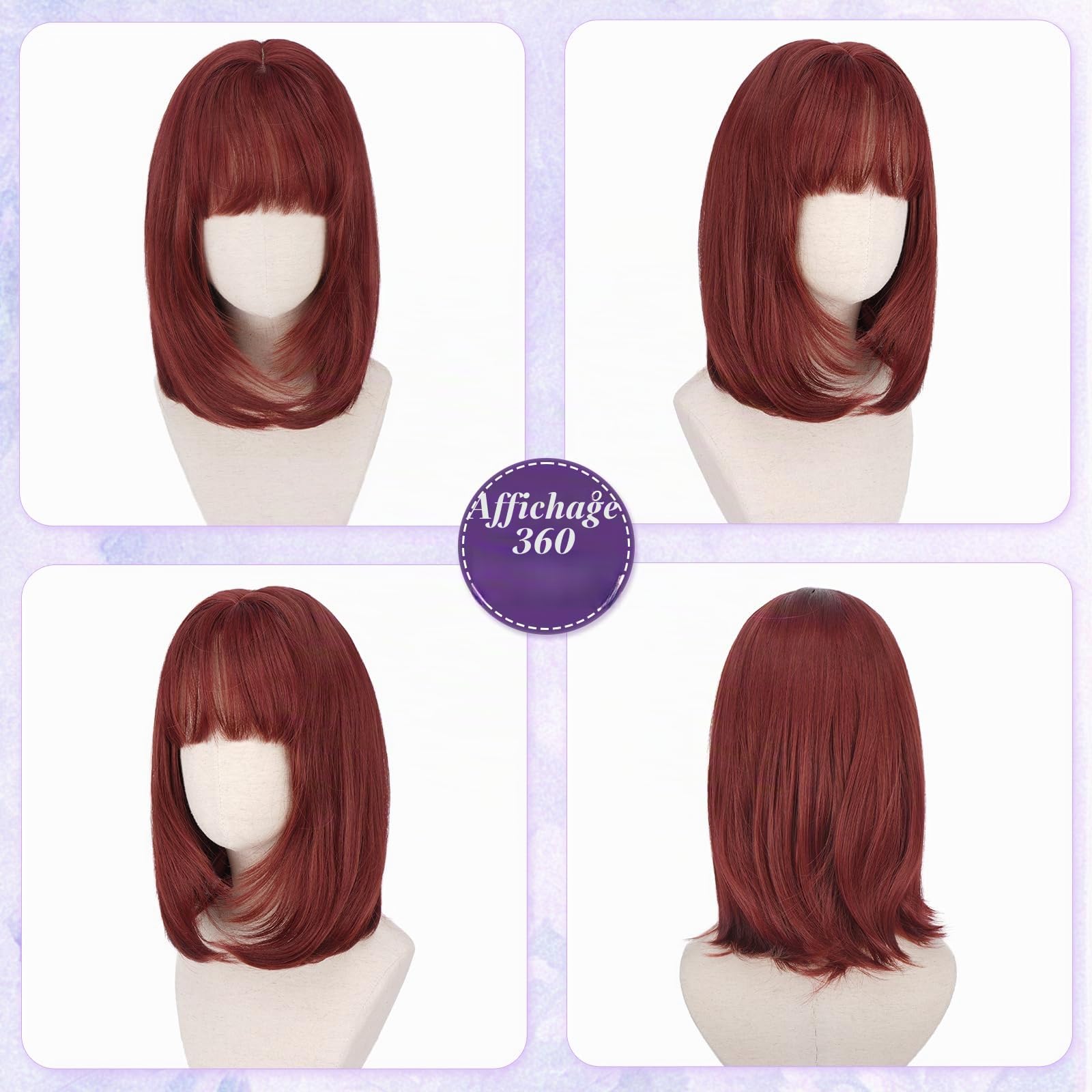 RUWISS Rouge Cuivré Perruque Courte Droite avec Frange, 35 cm Bob Layered Perruques pour Femme Classique Bob Synthétiques Résistantes pour Usageet Quotidien et Cosplay