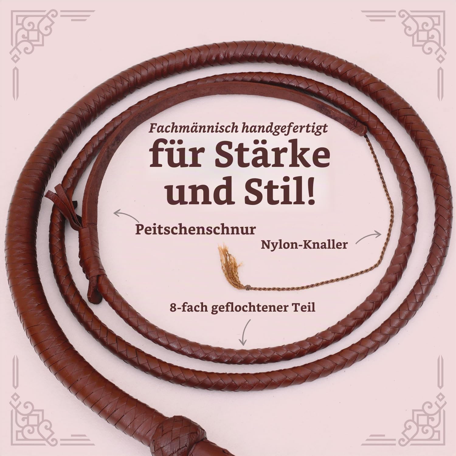 Echte Rindsleder Leder Bullwhip, 08 Fuß lang und 08 Stränge flechten Indiana Jones Stil Bullenpeitsche, Dunkelbraun