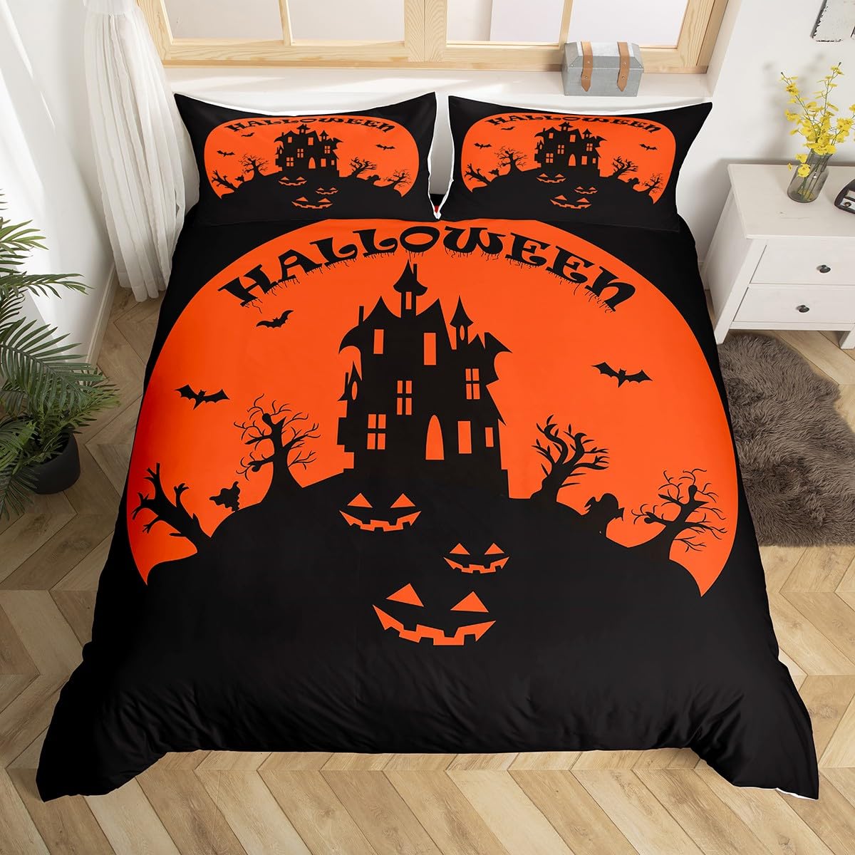 Homemissing Halloween Duvet Cover Set Trick or Treat Bedding Set for Kids Boys Girls Scary Halloween Comforter Cover Set Microfiber Bat Bedspread Cover Bedroom Bedclothes Super King