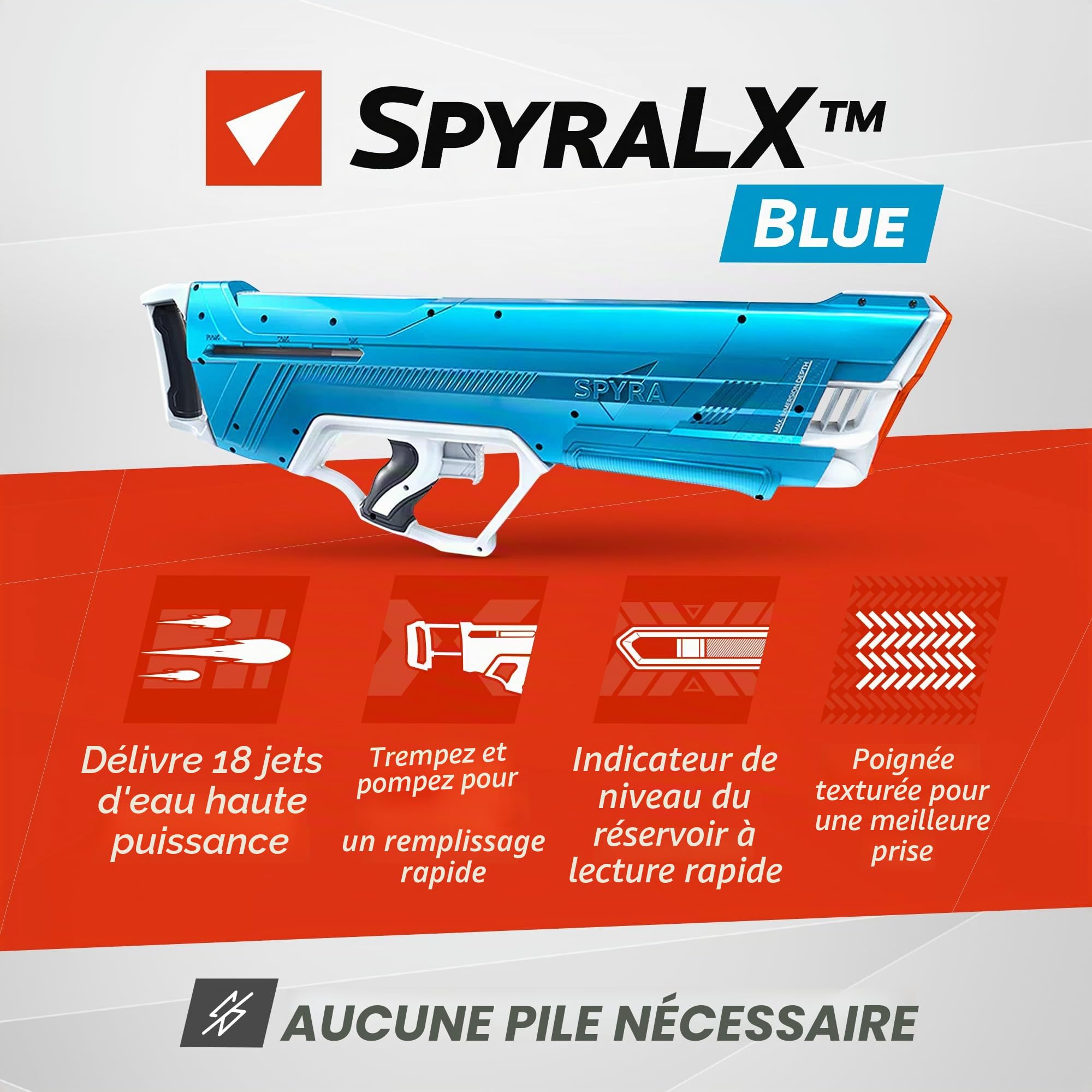 SPYRA – SpyraLX WaterBlaster Bleu (Non Électronique) – Pistolet à Eau Premium Super Puissant, à tir Rapide et à Action instantanée