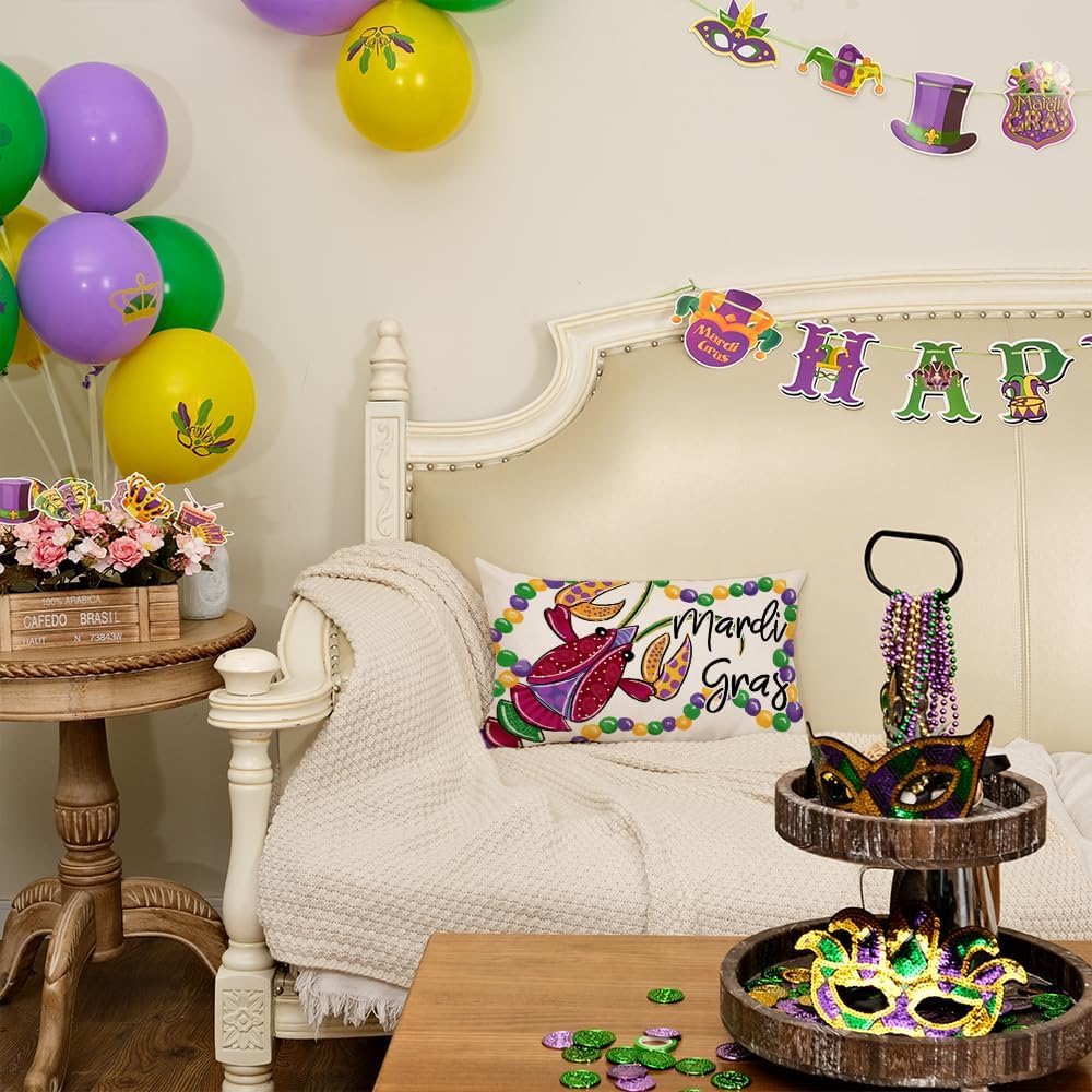 AACORS Mardi Gras Lumbar Pillow Cover 12X20 Mardi Gras Lobster Fleur De Lis Beads Decor Farmhouse Decorative White Cushion Case Home Decorations for Sofa Couch AA095-12 - Image 5