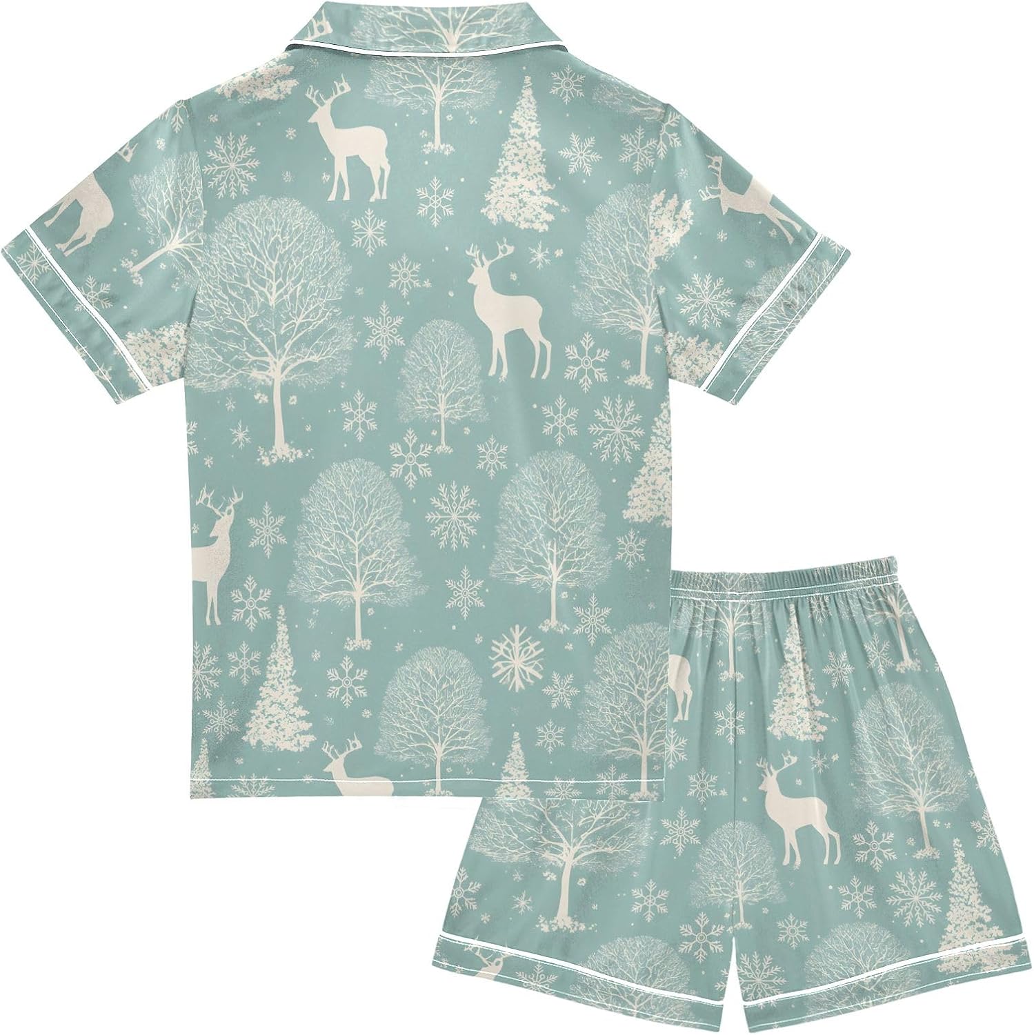 Kids Satin Wear Set Deer Snowflakes Tree Pattern Relaxed Fit Clothing Short Sleeve and Shorts