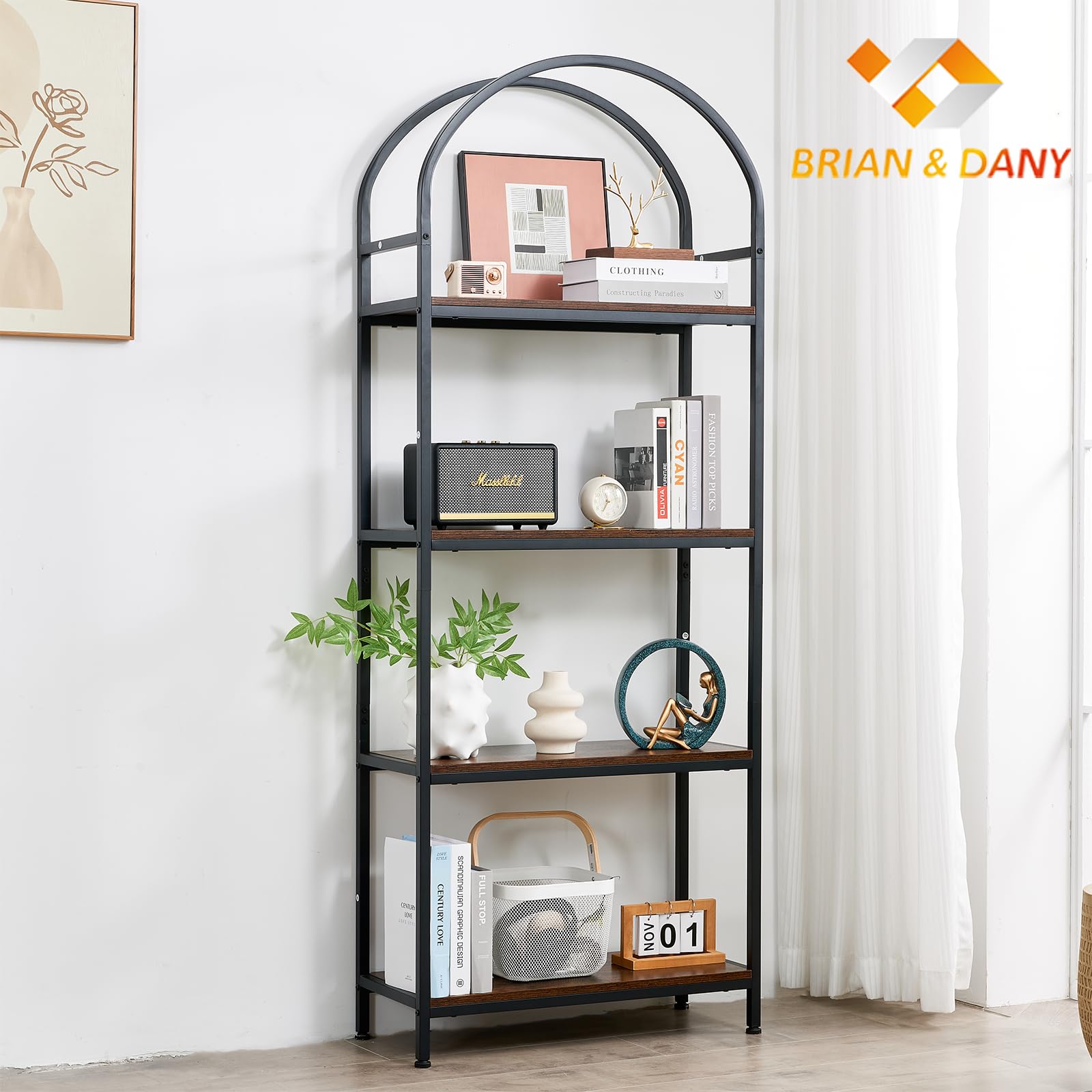 BRIAN & DANY Bookshelf, 4 Tier Tall Black Bookcase Metal Book Shelf, Larger Compartments Arched Display Shelves Open Storage Rack Shelving for Home Office, Bedroom, Living Room, Study, Antique
