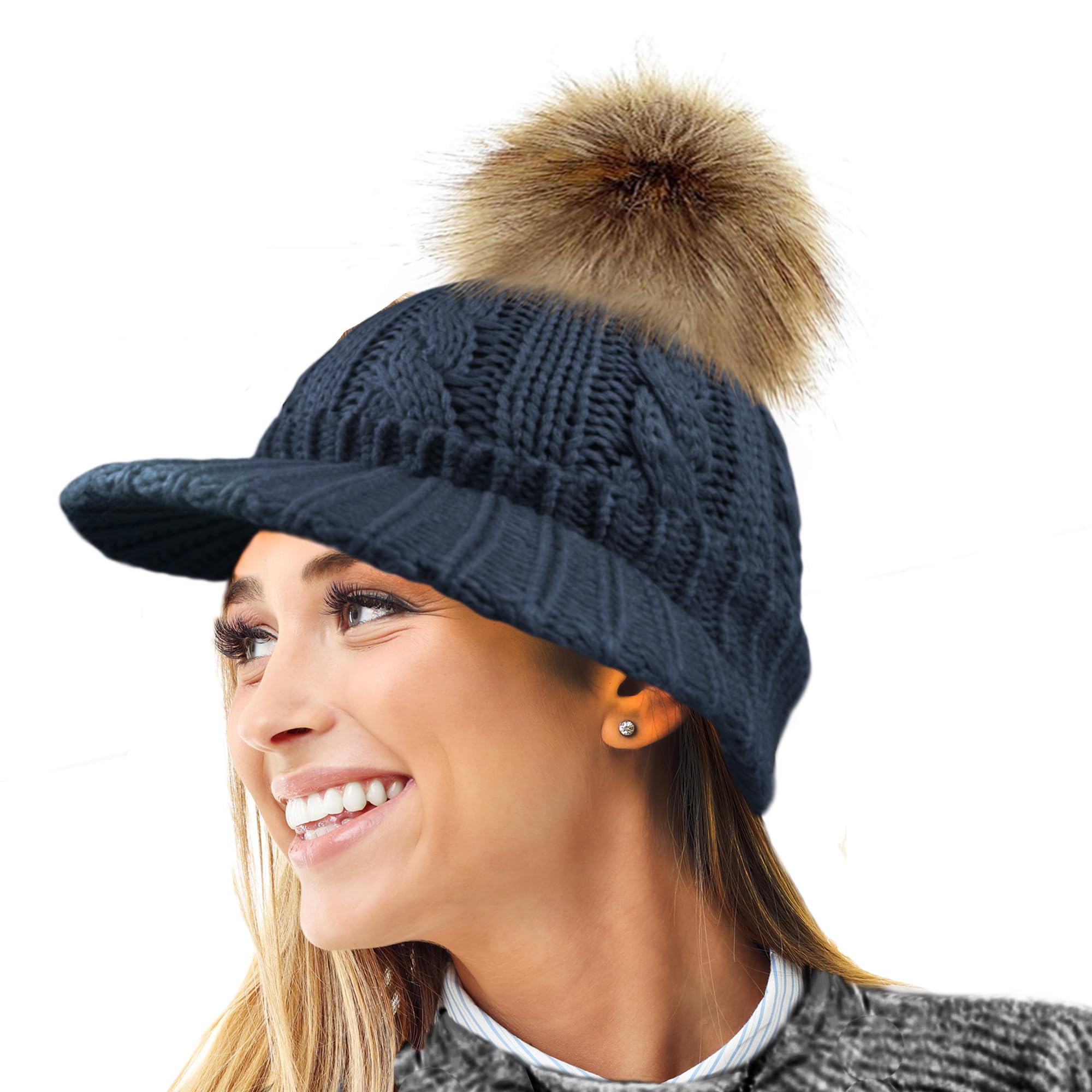 Rockjock Women's Navy Cable Warm Fleece Lined Knitted Peaked Beanie Baseball Cap With Detachable Faux Fur Pompom- Wear With Or Without
