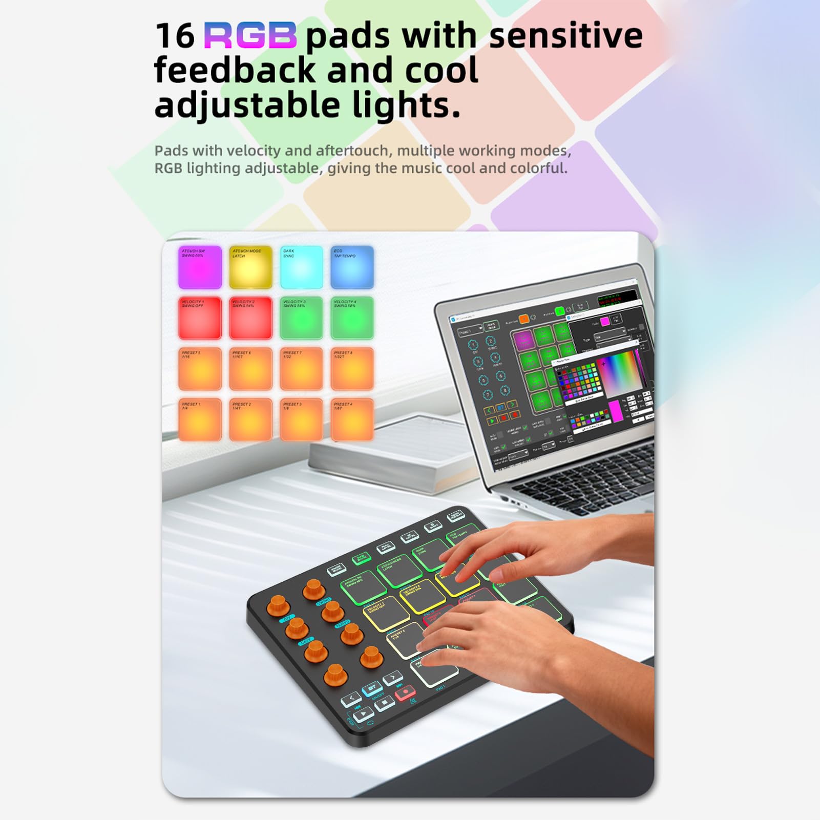 Btuty Customizable RGB MIDI Pad, Wireless MIDI Keyboard 16 RGB Pads 6 Buttons 8 Knobs Rechargeable PC Mobile App Supporting for Beginners, mit Kabelfreiem Keyboard, 16 Pads (Schwarz)
