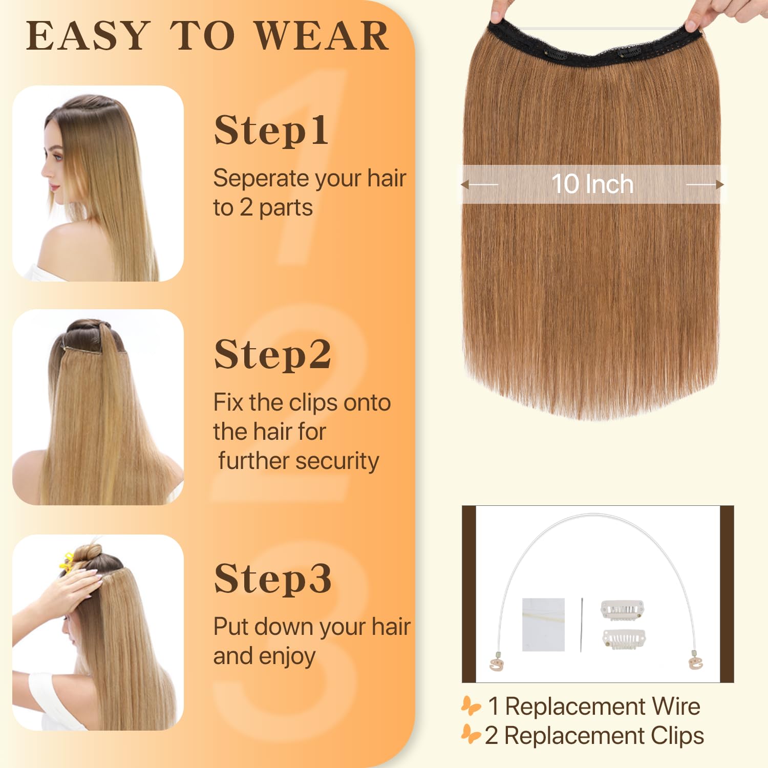 TESS Halo & Clip in Hair Extension 100% Real Human Hair Wig One Piece Adjustable Invisible Transparent Wire with 2 Secure Clips for Women UK #06 Light Brown 16 inch 65g - Image 4