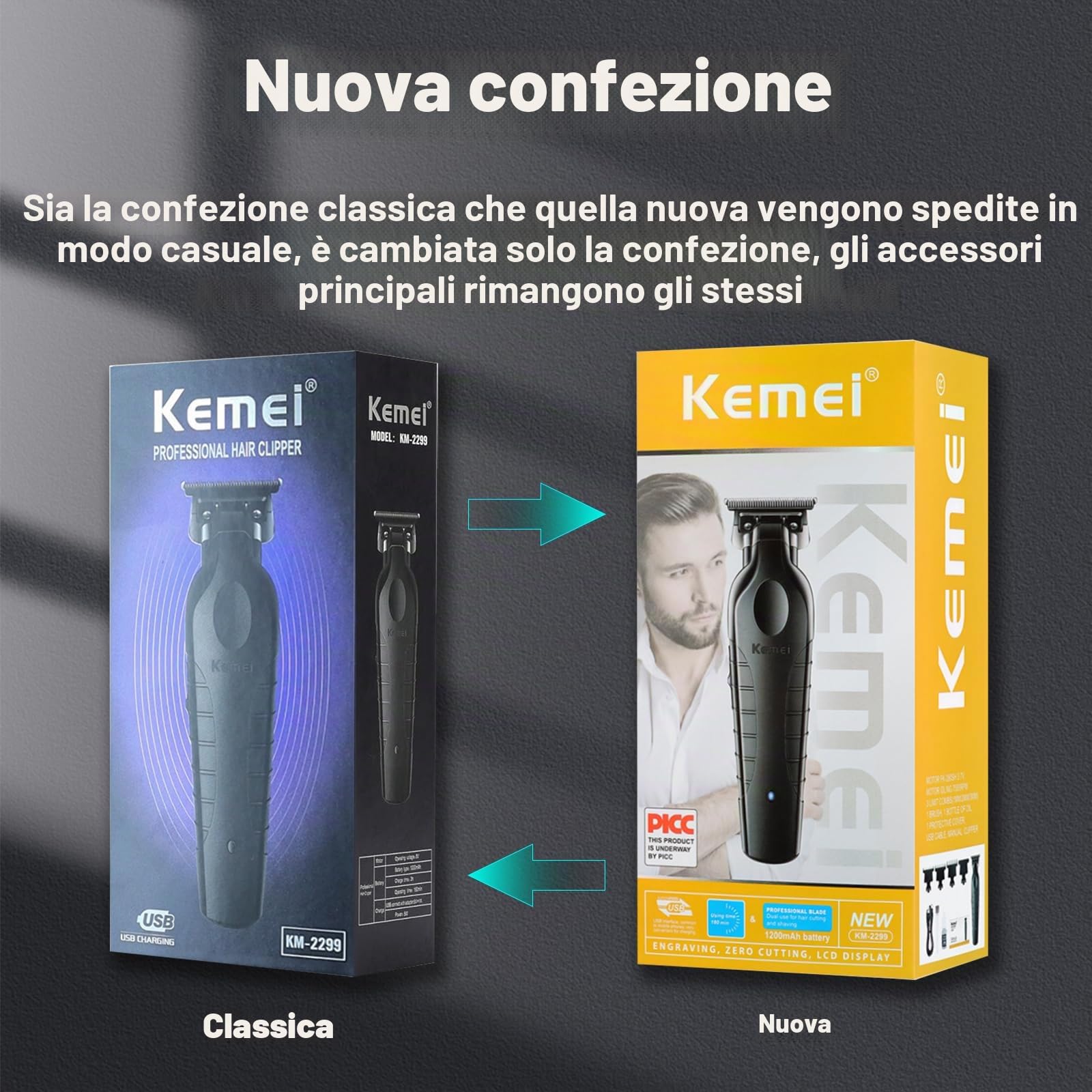 KEMEI 2299 Trimmer, Tagliacapelli Uomo Professionale, Macchinetta per Capelli Senza Fili, Regolabarba Regola Barba Elettrico Trimmer Capelli con 3 Pettini Guida