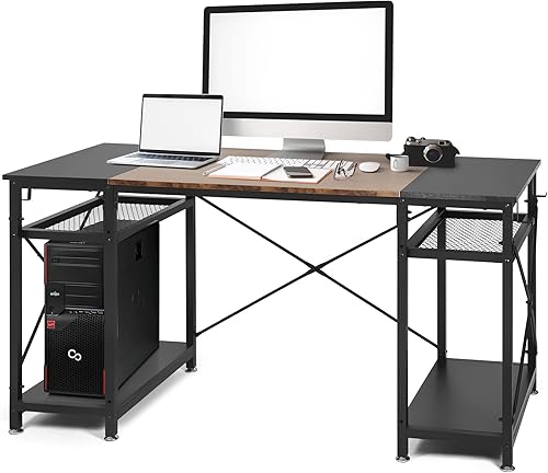 LUCKYERMORE Escritorio para computadora de oficina en casa, escritorio pequeño de 47.2 pulgadas con estantes de almacenamiento y 4 ganchos, para