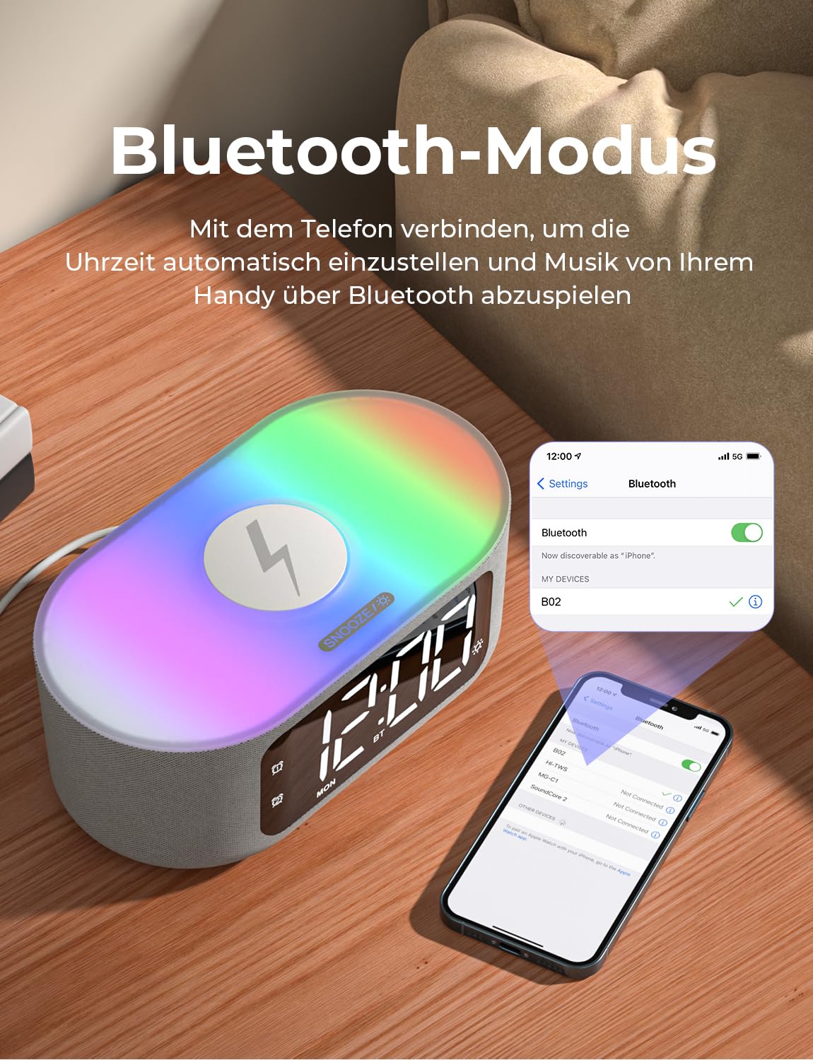 LIORQUE Digitaler Radiowecker mit Kabelloser Ladestation, Bluetooth Wecker mit Licht, 15W Fast Wireless Charger Qi, LED Display mit Auto Dimmer, 2 Wecker, Wochenendmodus, Schlafmusik