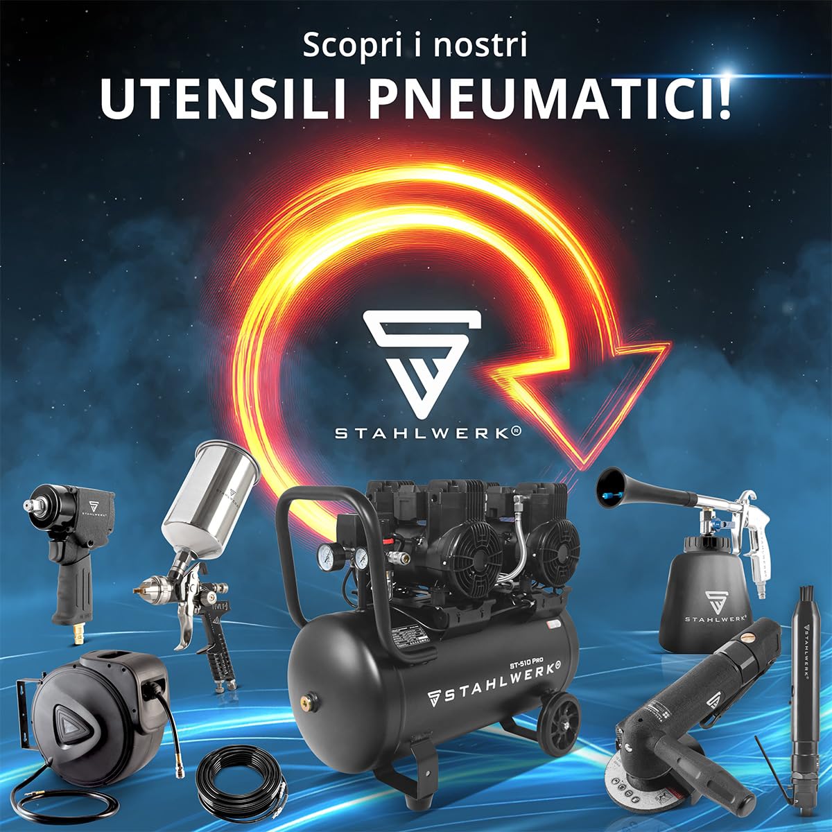 STAHLWERK Compressore con serbatoio da 50 L (ST-510 Pro) – senza olio & silenzioso, 10 bar, compressore d'aria con motori brushless, 3,94 CV, 2,9 kW, 500 l/min, compressore a pistoni silenzioso