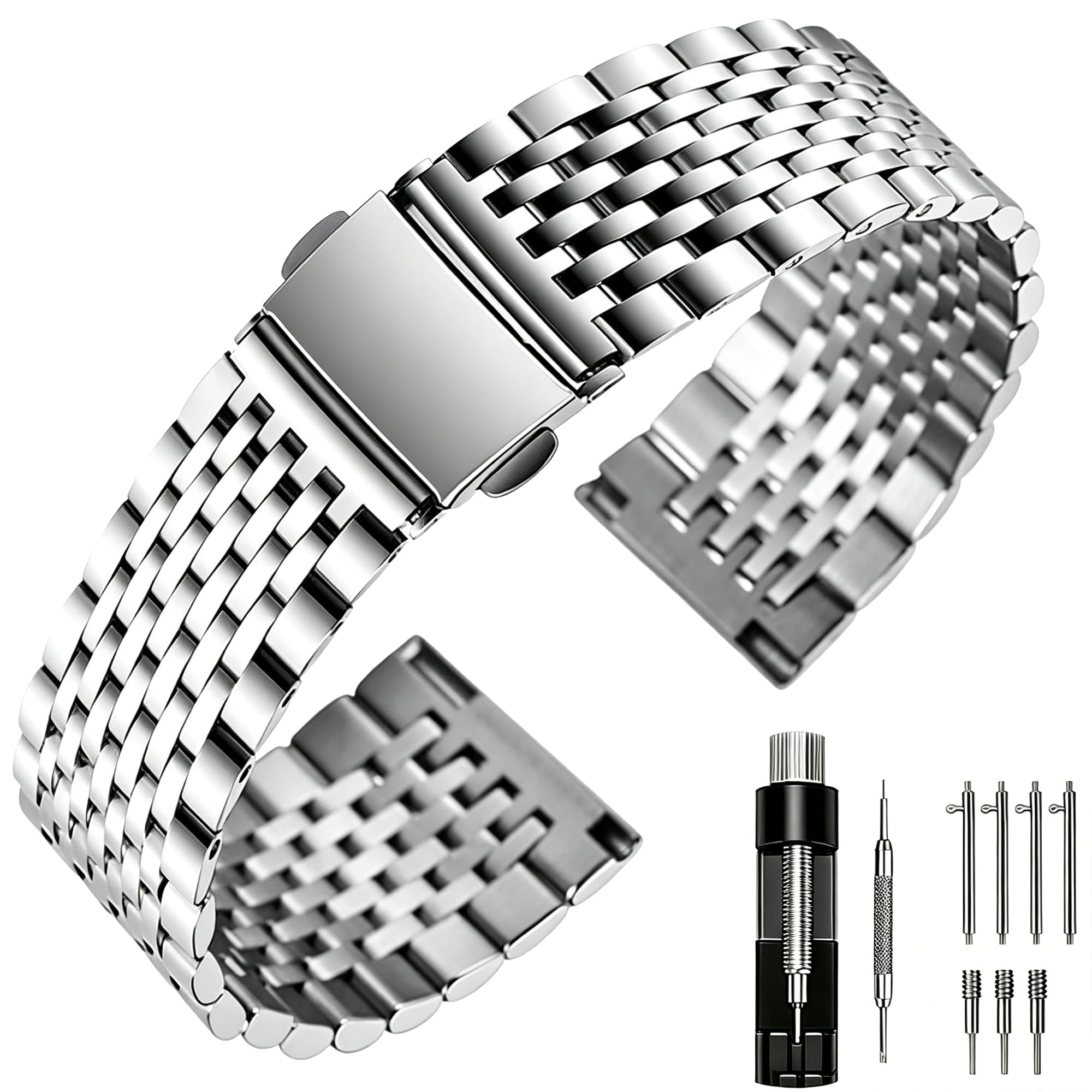 Juntan Edelstahl Uhr Uhrenarmband 20mm für Herren Damen, 9-Perlen schlank poliert Quick Release Uhr Armband, Elegantes Ersatzarmband für traditionelle & Smart Uhren