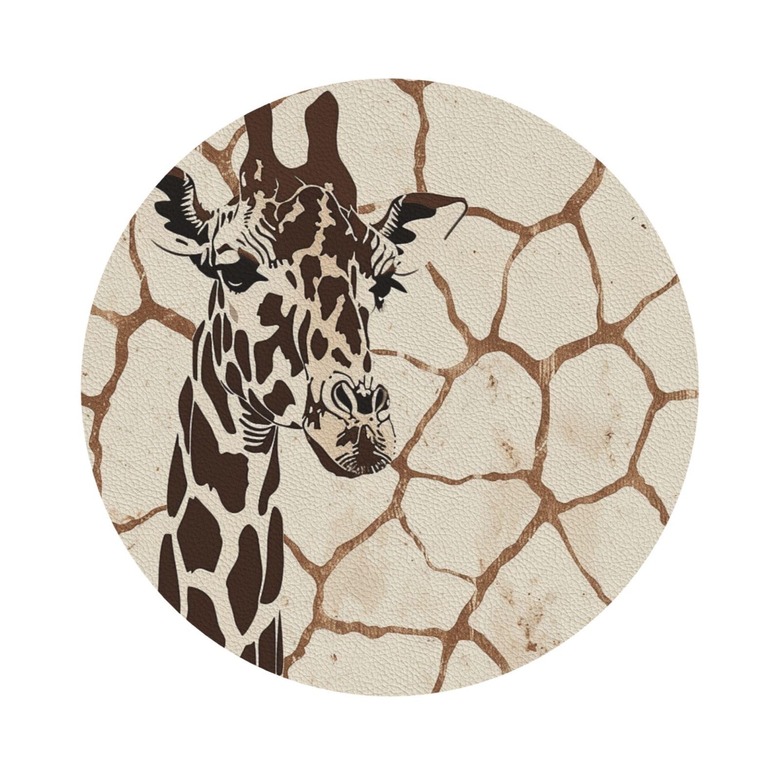 Giraffe Print Print Leather Coaster Set of 6, Round Shape Coasters Table Decorative Coffee Cup Beverage Coasters Wine Beer Bar Coasters for Hot Drinks Table Protection