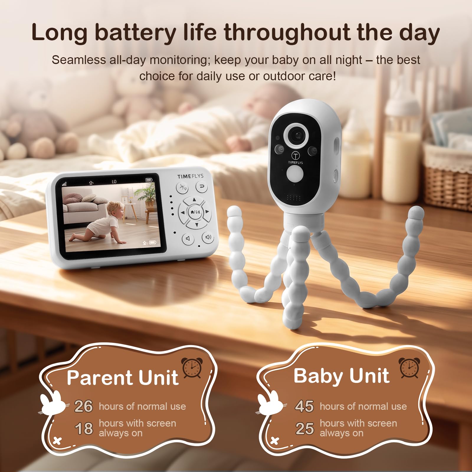 TimeFlys Moniteur vidéo pour bébé, deux unités rechargeables, utilisation en extérieur pour le camping, utilisation de caméra de voiture, appareil photo, batterie de 40 heures, vision nocturne, audio