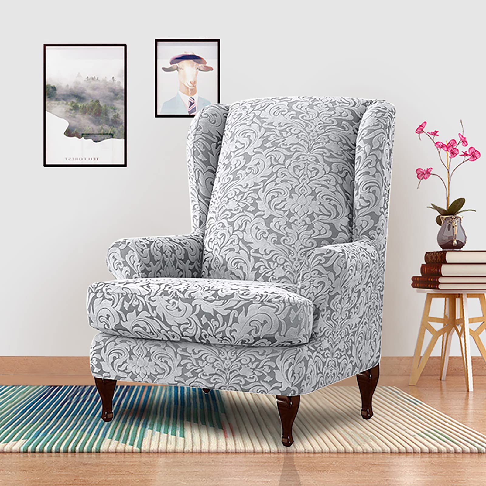 Sessel-Überwürfe Ohrensessel 2 Stück Elastische Husse Für Ohrensessel Spandex Jacquard Ohrensessel Überzug Stretch Sofa überzug waschbare Sesselhusse Ohrensessel -hellgrau-2 Pieces
