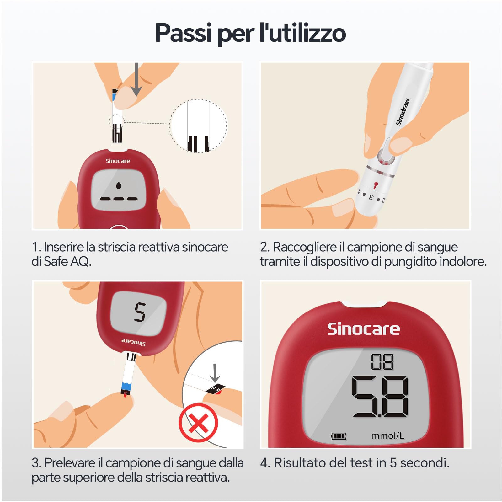 Sinocare Safe AQ Strisce per Glicemia, 50 Pezzi Senza Lancetta, Strisce Reattive Adattabili solo a Safe AQ Smart/AQ Voice/AQ Air Glucometro, [Lancetta non incluso][Glucometro non incluso] (50 Pezzi)