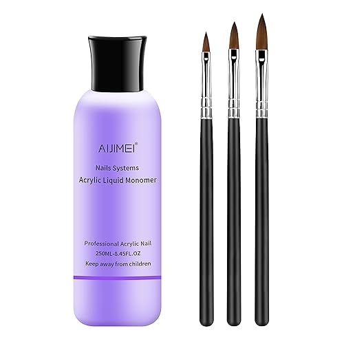 AIJIMEI Monómero líquido acrílico de 8.5 fl oz8.5 onzas líquidas con 3 pinceles de uñas acrílicas para polvo acrílico, monómero líquido de uñas