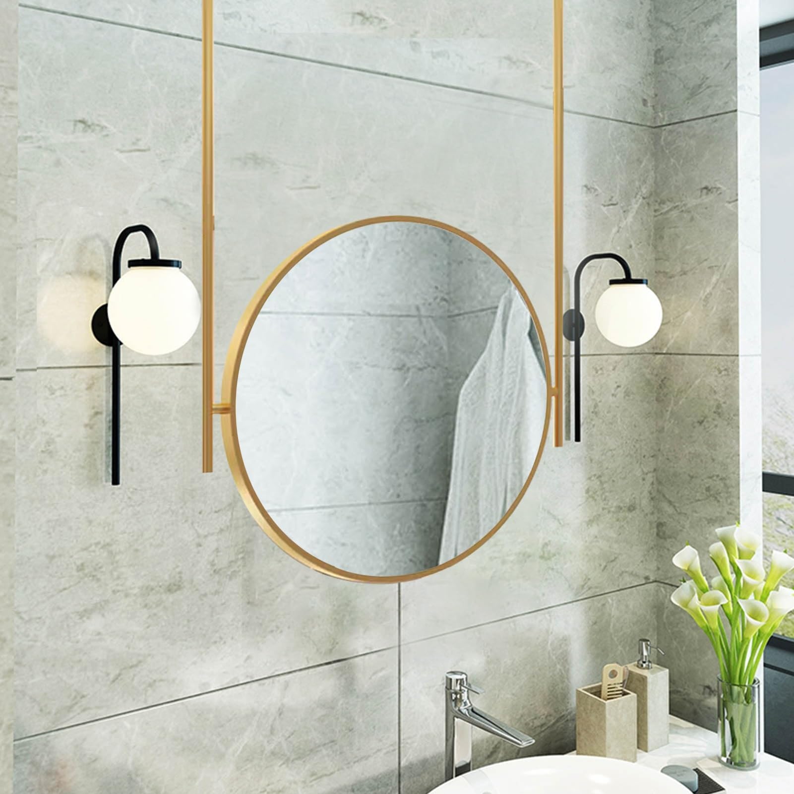 Fitlin Ceiling Mounted Round Wall MirrorLarge Metal Hanging Rod Mirror for Bathroom & tyStylish Decor for Home Makeup and Grooming(Diameter-40CM/15.7INCH)