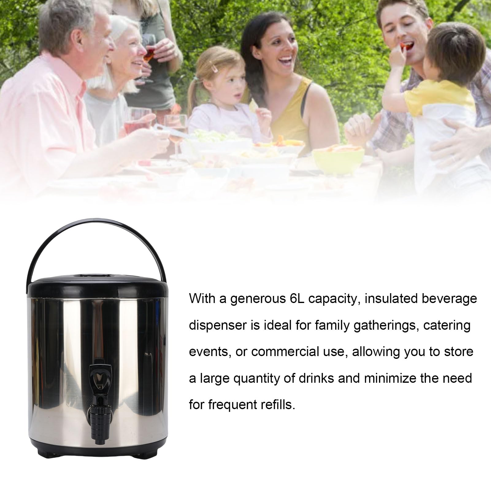 6 l isolierter Getränkespender, Getränkeserver, 304 Edelstahl, tragbarer Spender für Heiß- und Kaltgetränke mit Zapfhahn für Milch, Tee, Saft, Suppe, Tee (Silber)