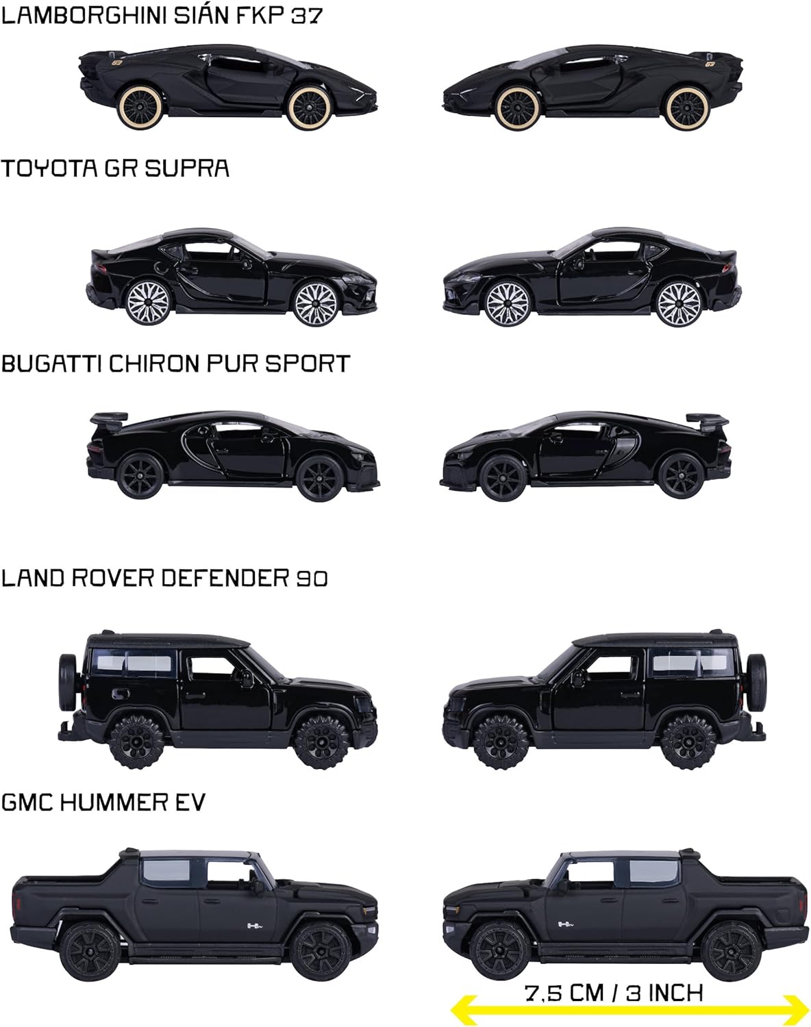 Majorette Giftpack Black Cars, Set of 5 vehicles in Black Edition (Bugatti, Lamborghini, Toyota, etc.), Metal Scale 1:64 (7.5 cm), with Blister Window, from 3 years (8502005000)