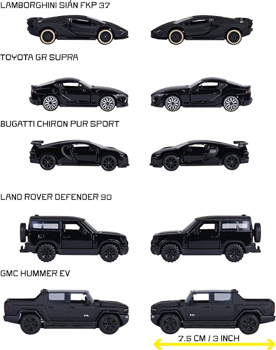 MAJORETTE Siyah Arabalar Giftpack, 5 Araç Seti, Black Edition (Bugatti, Lamborghini, Toyota vb.), Metal ölçekte 1:64 (7,5 cm), Blister Pencere, 3 yıldan itibaren (8502005000)