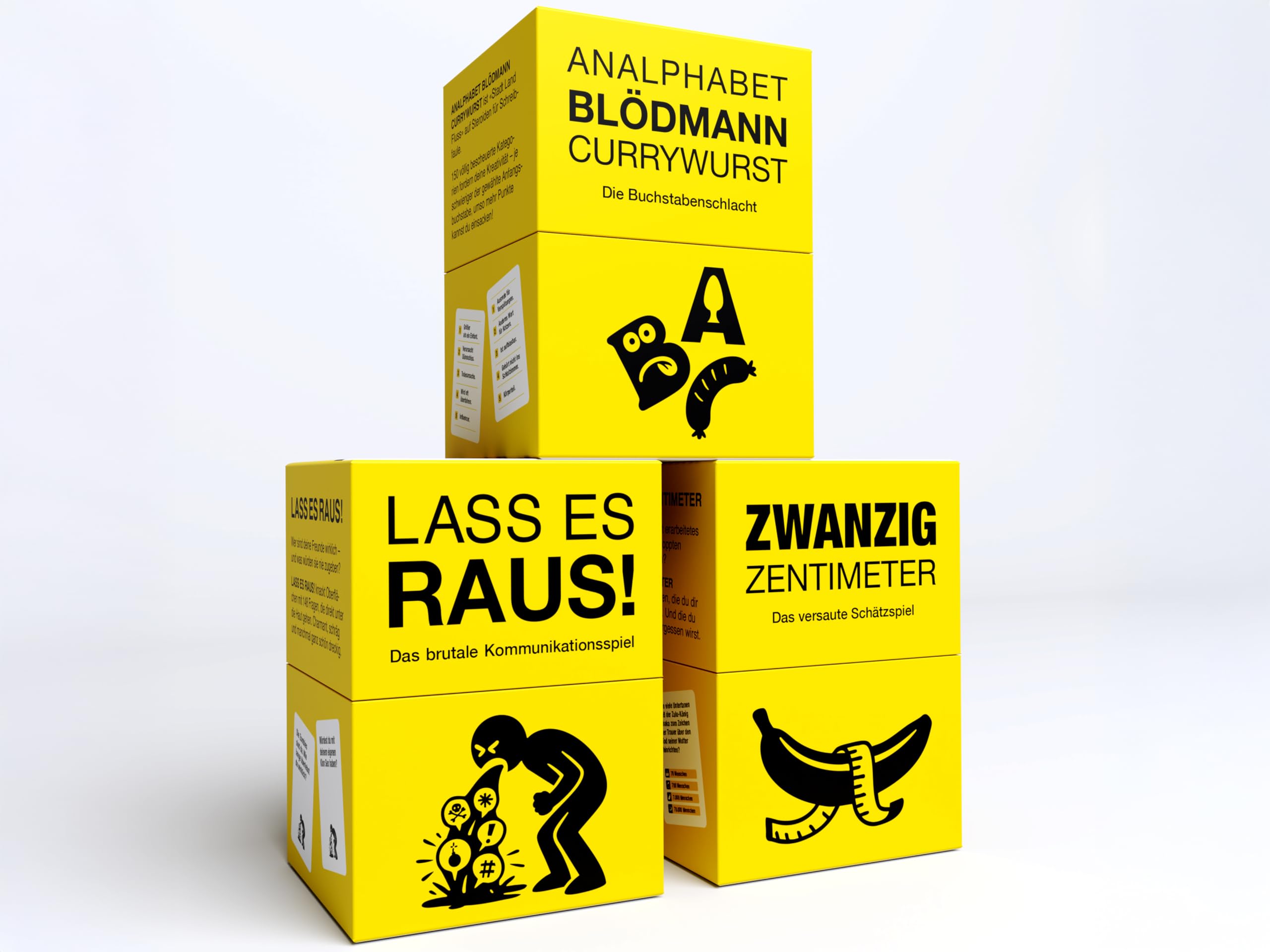 KAMPFHUMMEL – Partyspiele-Bundle: Zwanzig Zentimeter + Lass ES Raus + Analphabet Blödmann Currywurst