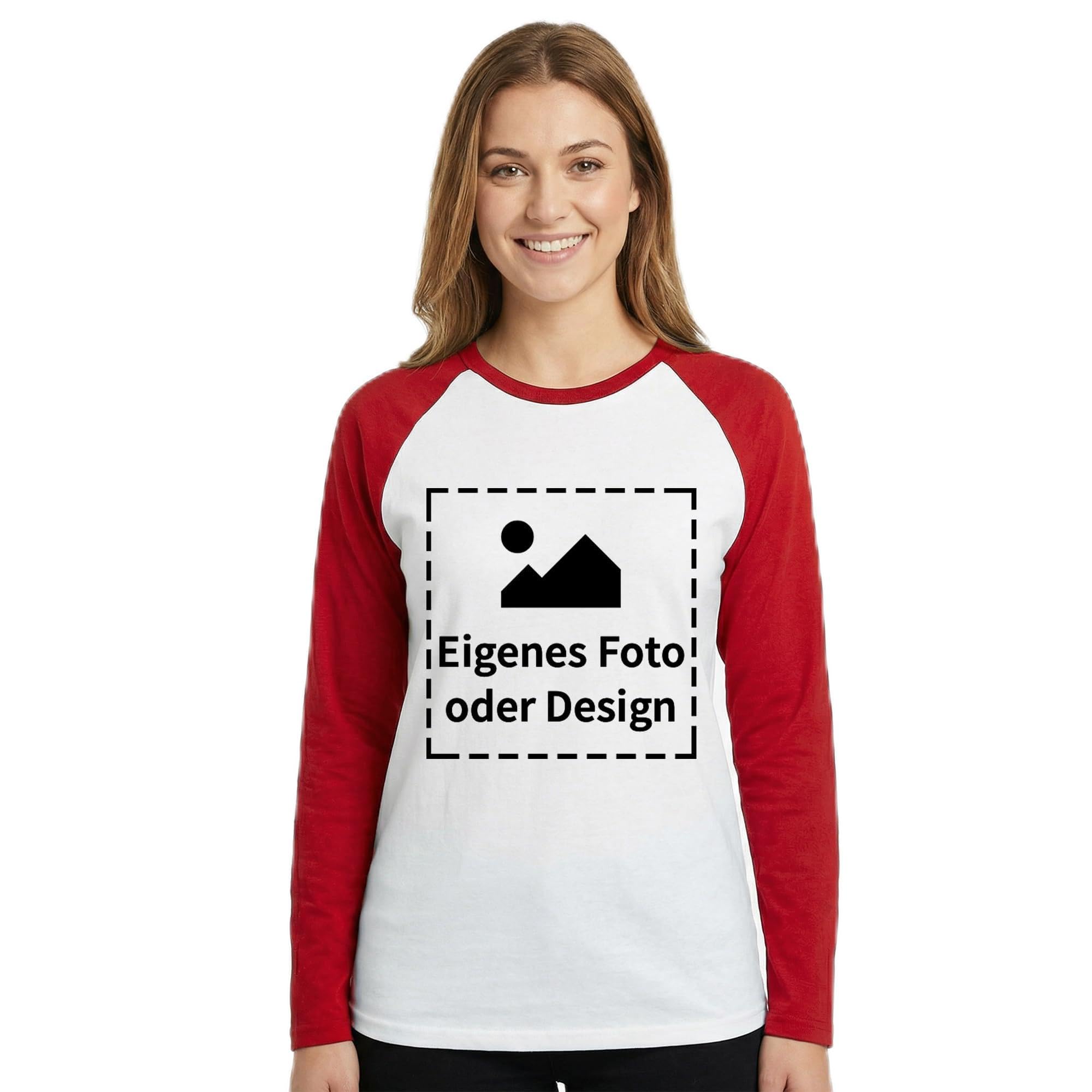 Baseball Langarm Shirt Damen Bedrucken - Foto und Text | Damen Baseball Langarm Shirt personalisieren und bedrucken lassen, mit Foto und Text selbst gestalten