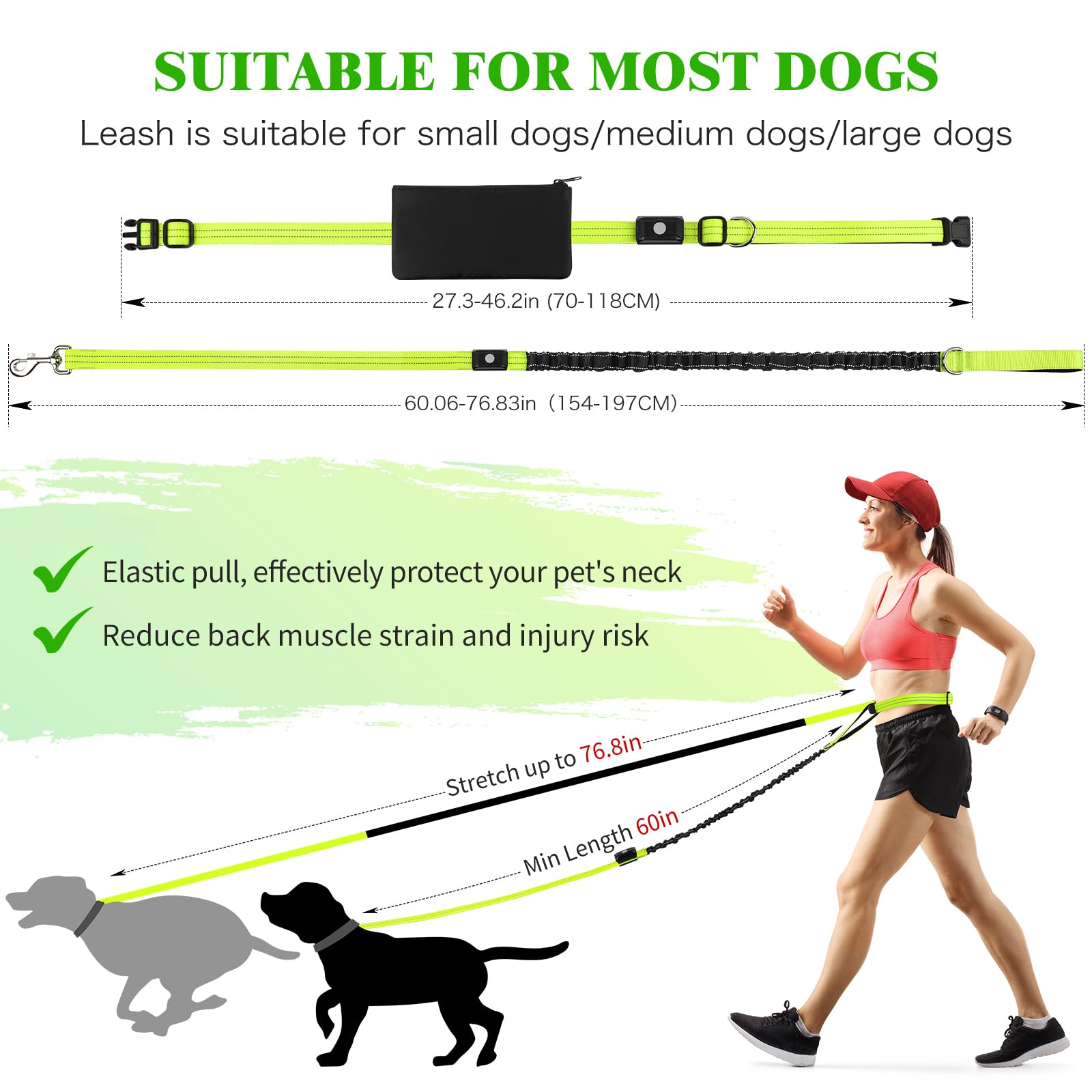 LED-Hundeleine, freihändige Hundeleine, Taillenleine für Spaziergänge, einziehbare Bungee-Hundeleine, handlose LED-Leine, reflektierende Laufleine für Joggen, Training, Wandern