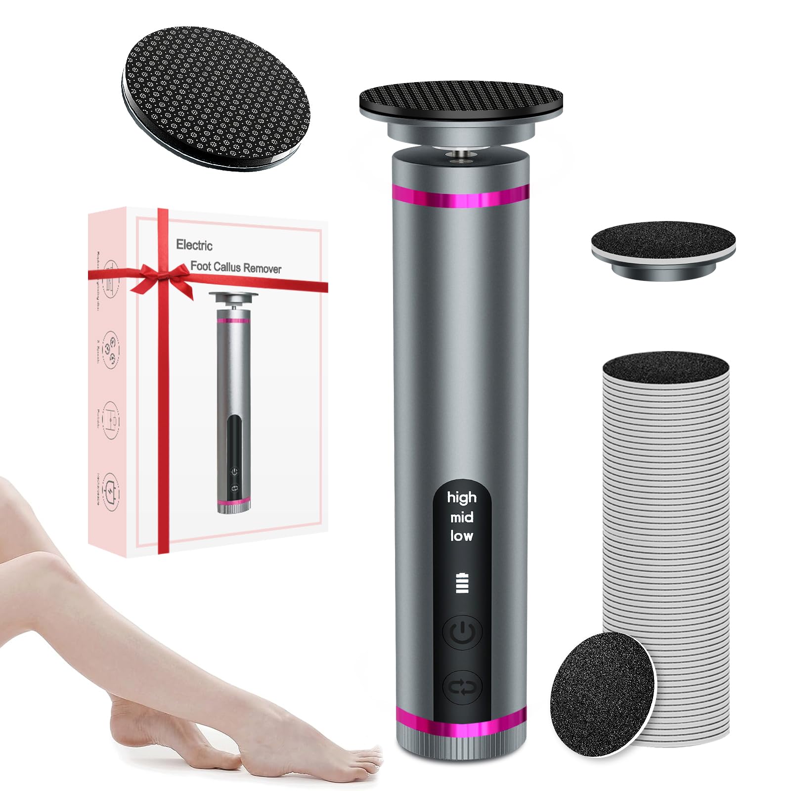 Electric Foot Callus Remover with 2600mAh Battery, 60Pcs Sandpaper Discs Grey