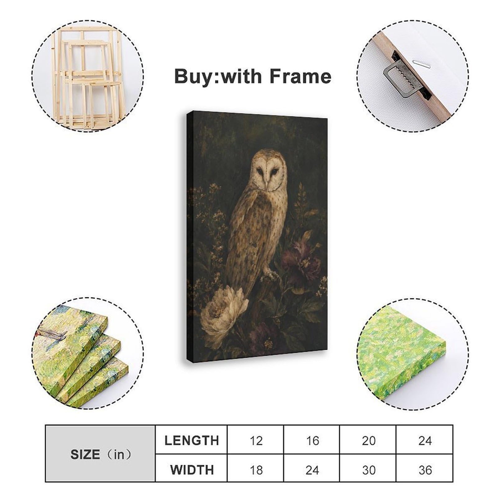 Poster di tela floreale scuro del barbagianni per il regalo della decorazione domestica | Stile cornice, diverse dimensioni, diversi stili di cornice, arte da parete, immagine decorativa, decorazione per la casa