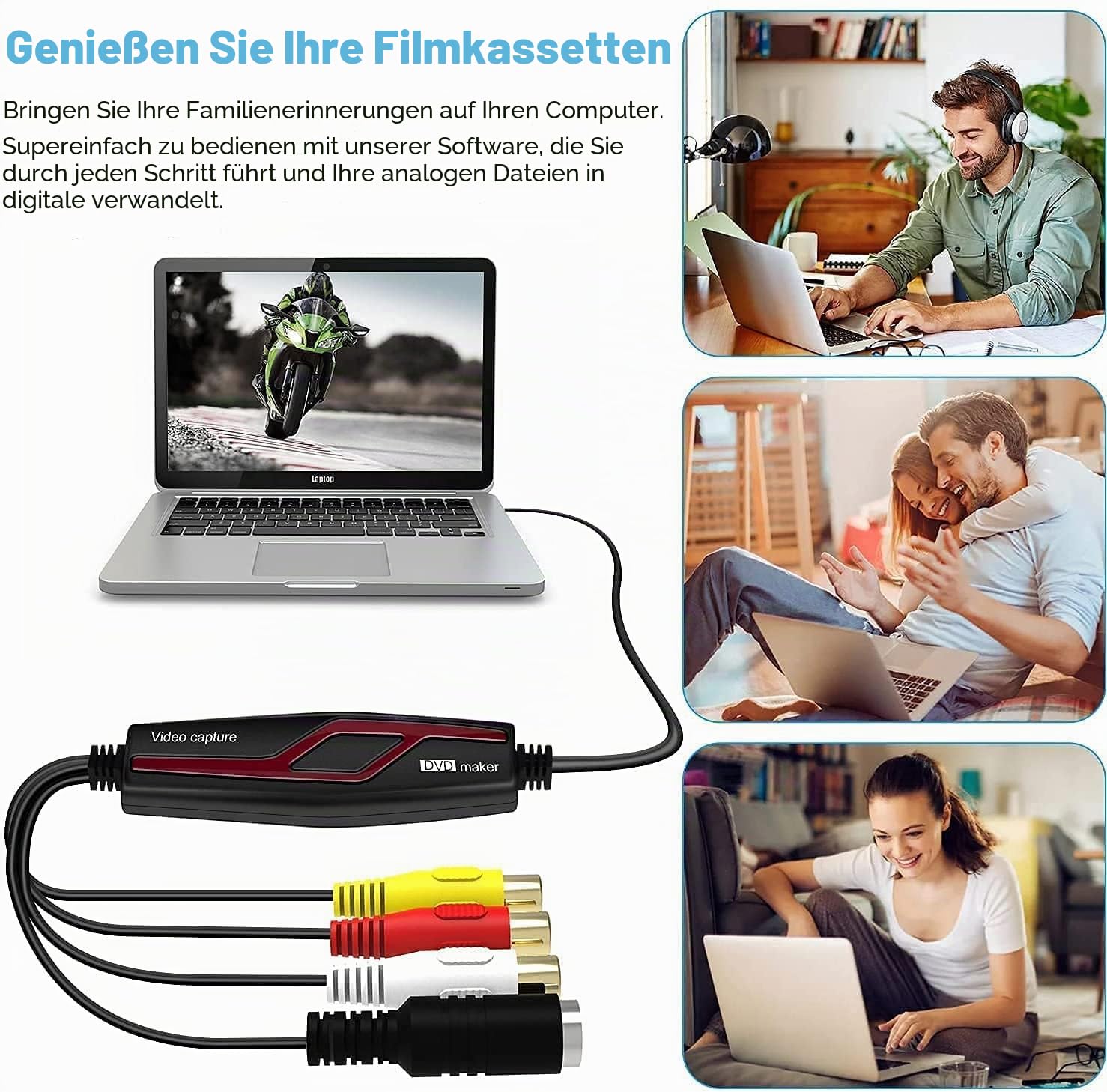 DIGITNOW! Video Grabber Überträgt Hi8 VHS auf Digital DVD für Windows 10 / Mac, Video Capture Karte mit Scart / AV Adapter,One-Touch-Videorecorder-Bearbeiten, Speichern und auf DVD Brennen