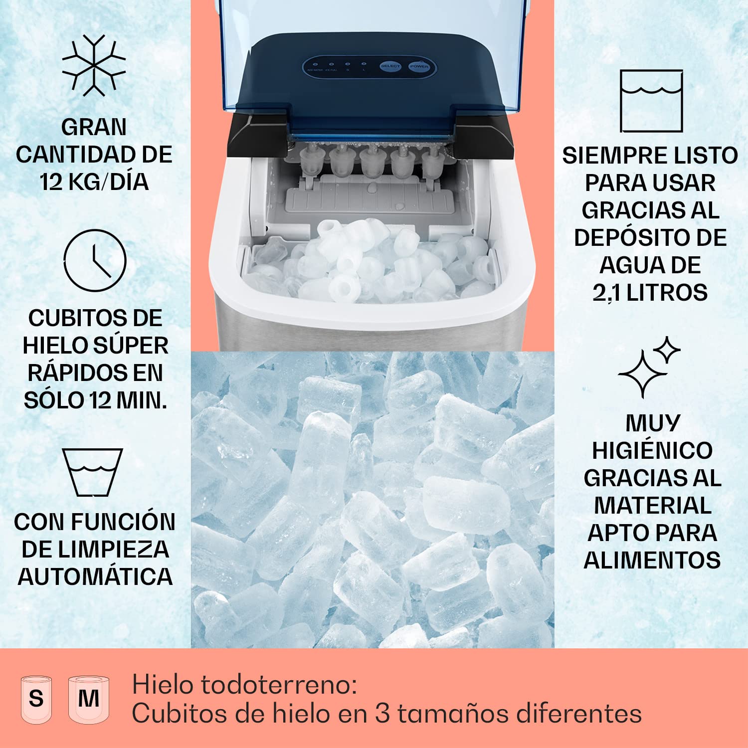 Klarstein On-The-Rocks - Máquina de Hacer Hielo, Fabricadora de Cubitos, 12 kg/24 h, Autolavado, Silenciosa, 2 tamaños, 6-12 min, 2,1 L, Apagado automático, 120 W, Acero Inoxidable, Negro