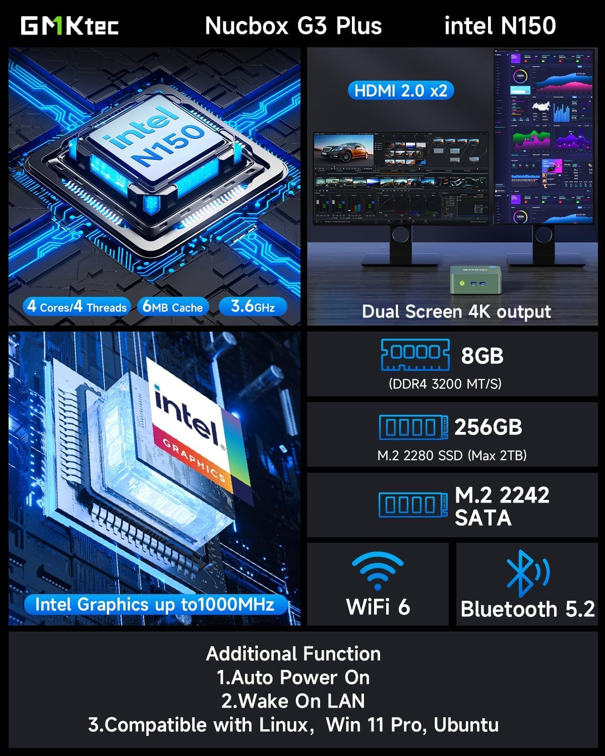 GMKtec G3 Plus, Intel N100 12.ª generación (hasta 3.4 GHz), 8 GB