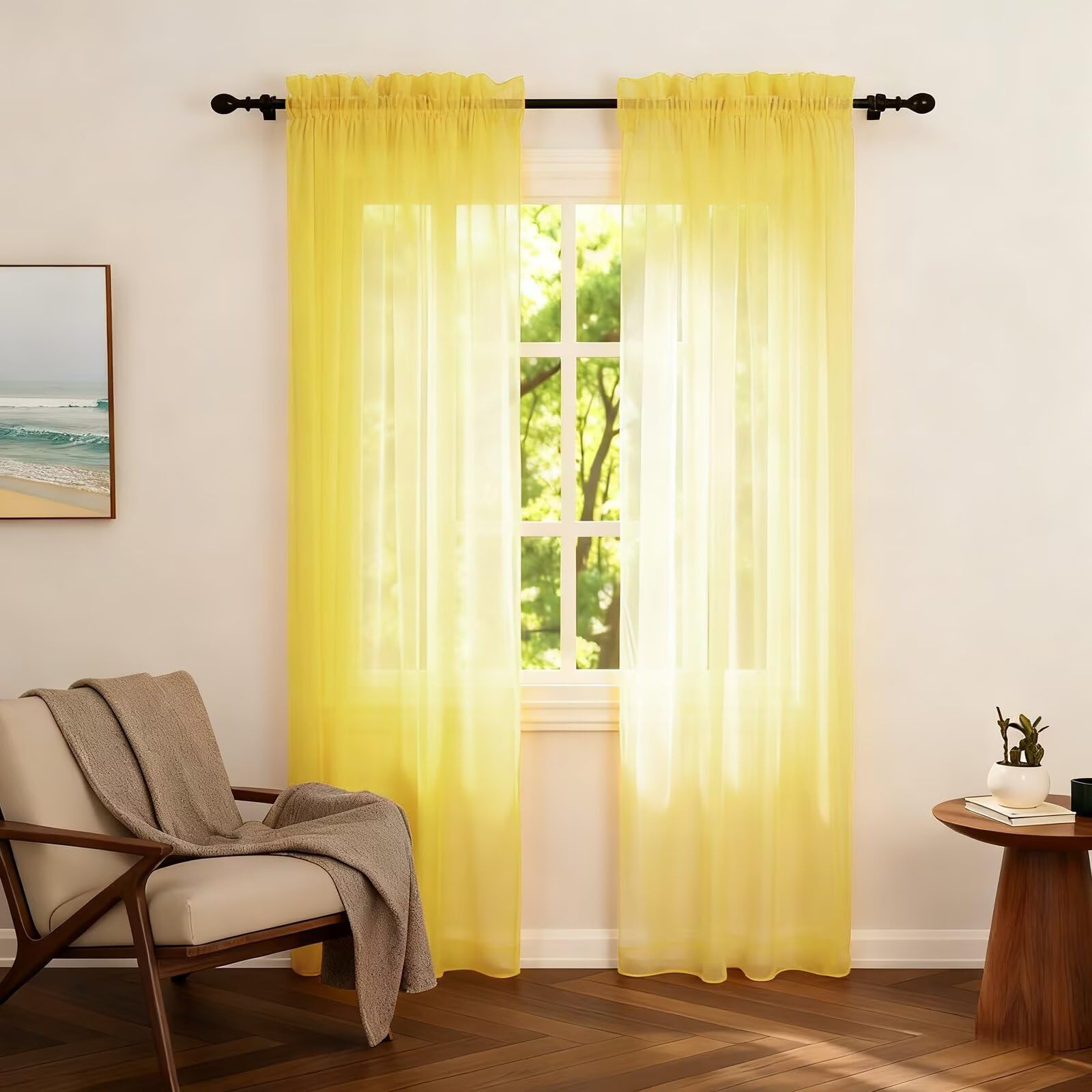 Zdada Net Curtains for Windows 72 Drop, Yellow Slot Top Voile Curtains, Semi Transparent Sheer Curtain Net Curtain Panel for Living Room Kitcken W60xL72 Inch,2 Panels