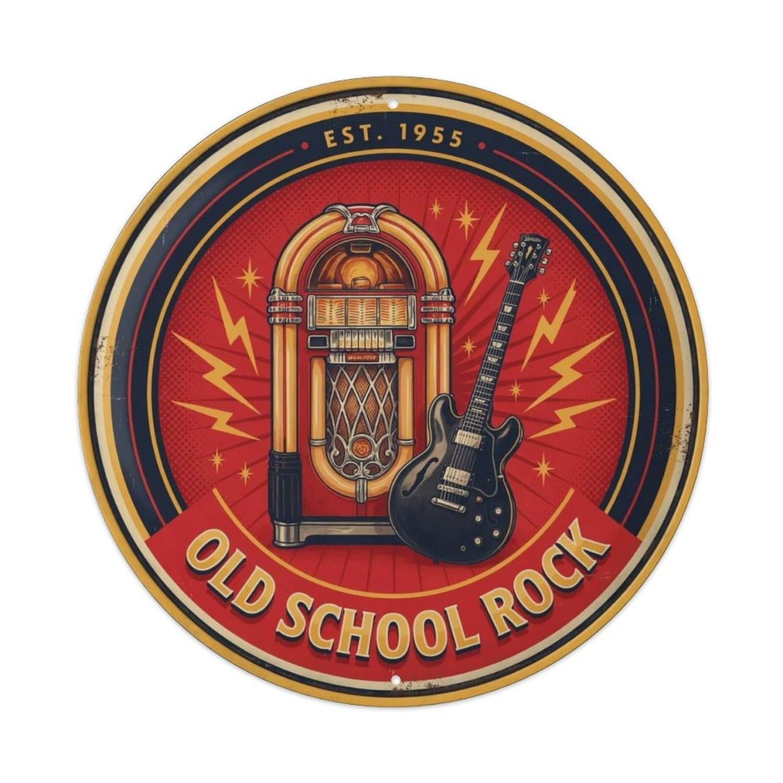 Old School Rock Jukebox Guitar Round Metal Tin Sign Plaque