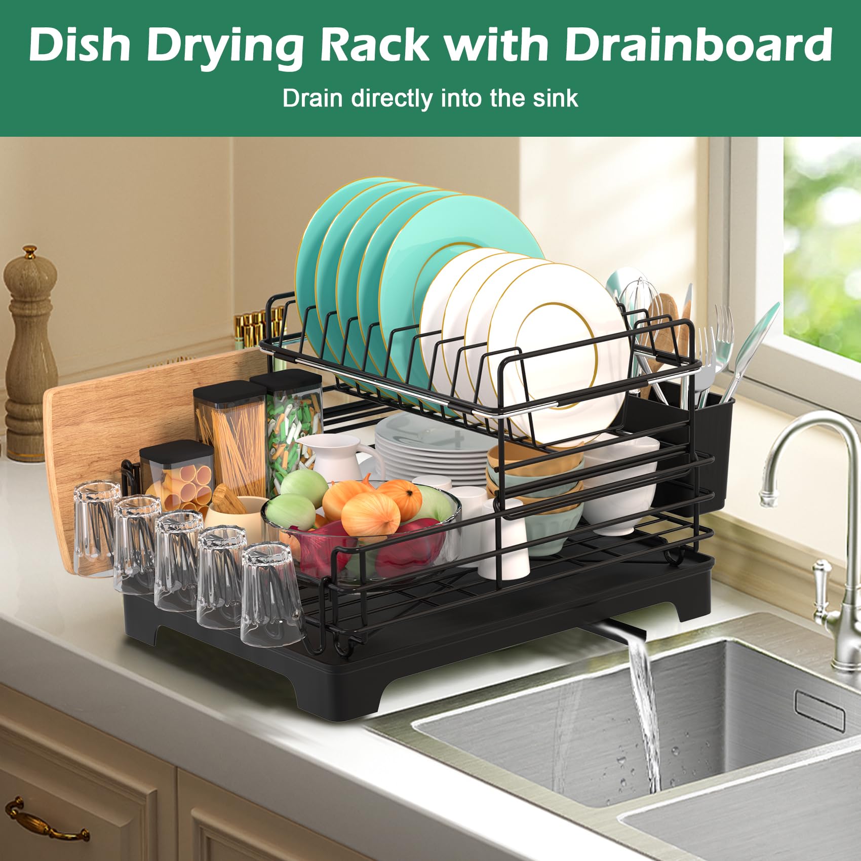Zhithink Dish Drying Rack, Multifunctional Dish Rack, Kitchen Dish Drying Rack Dish Racks for Kitchen Counter Drying Rack for Kitchen Sink Drying Rack Kitchen, 2-Tier Pull Out Dish Drying Rack