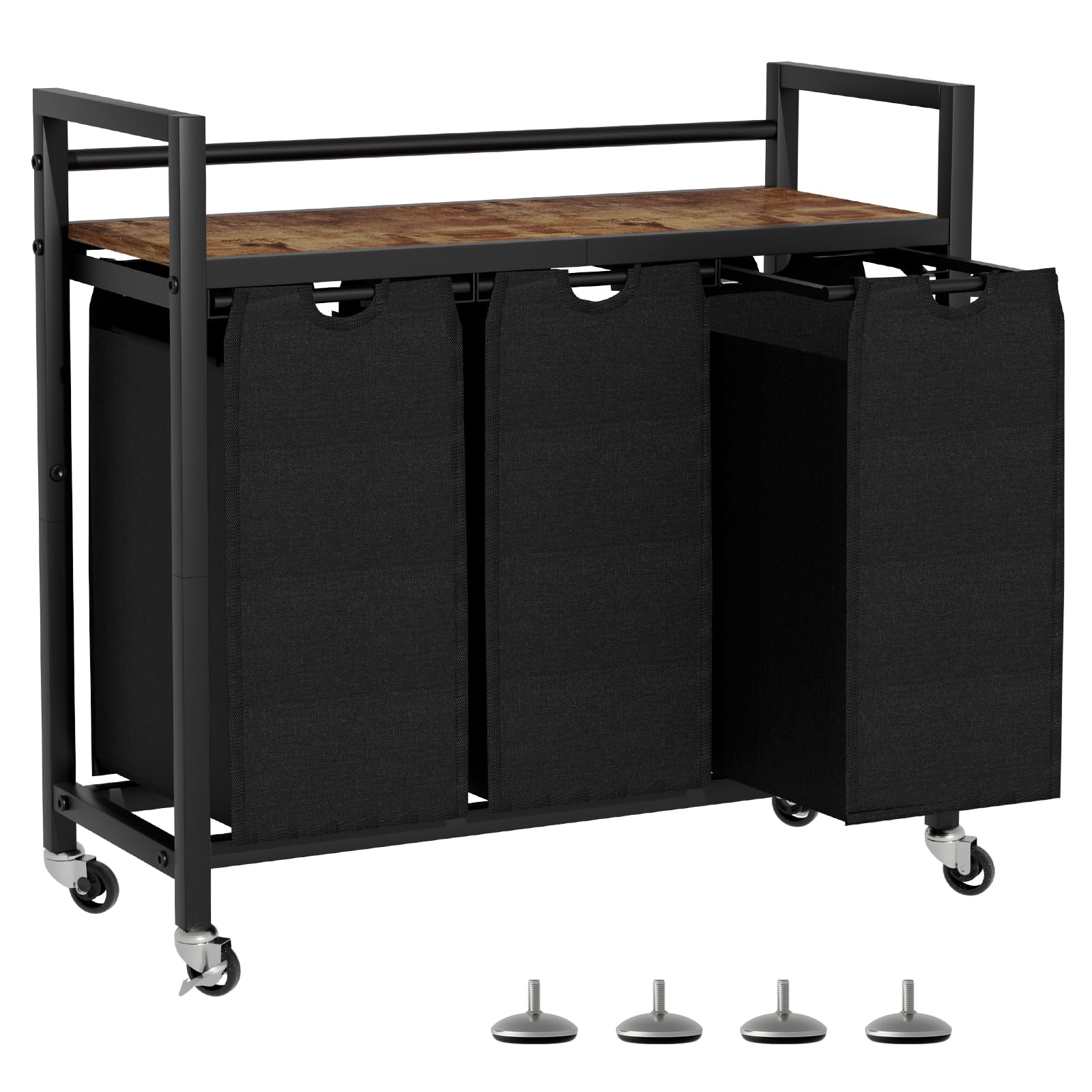 SwaaVee Laundry Hamper, Laundry Basket, Laundry Sorter with 3 Removable Bags, Clothes Basket with 3 Compartments, Wheels, Shelf for Laundry Room Bathroom Bedroom (3 Bags-Black)