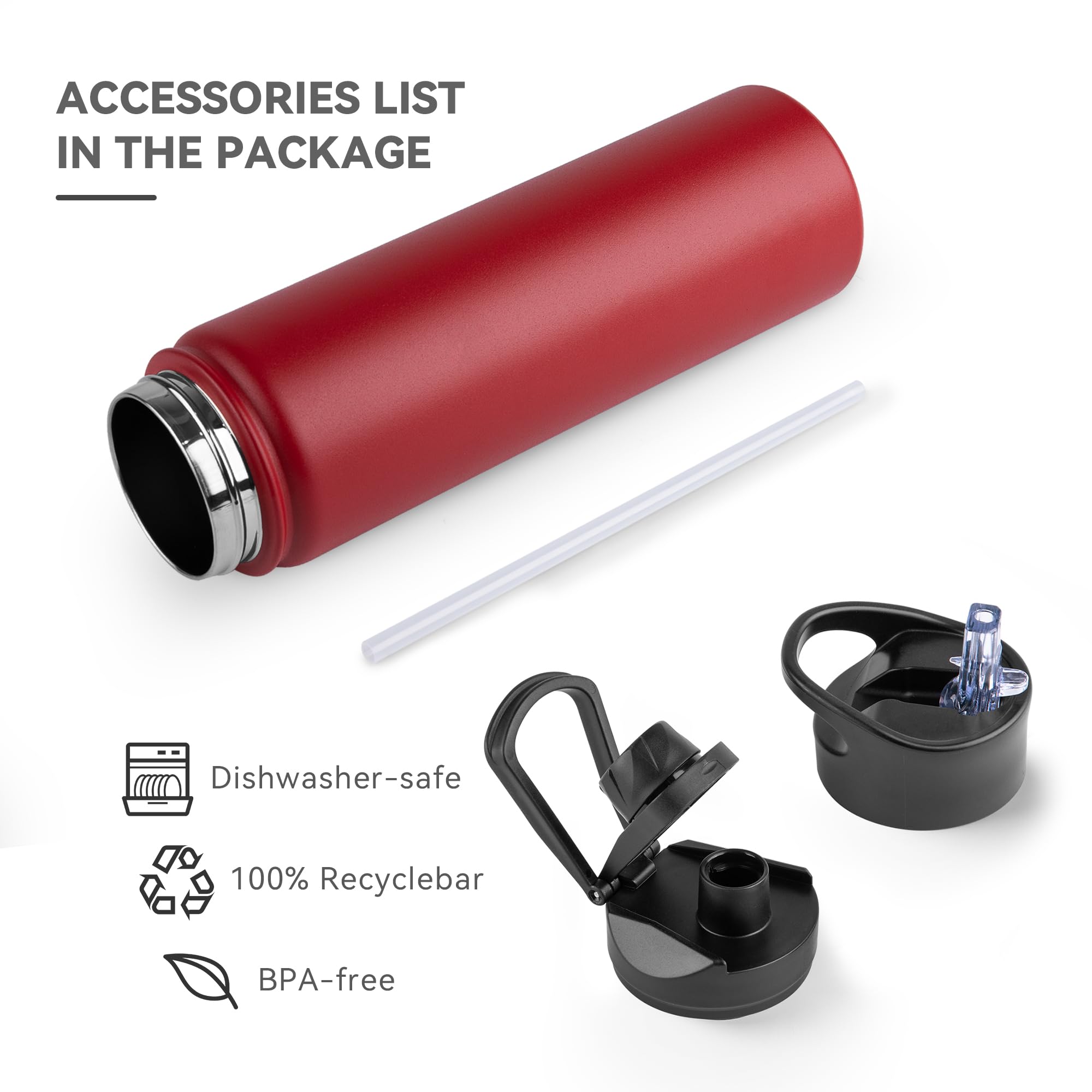 UMBFUN Insulated Water Bottle, 750ml 2 Lids (Straw Lid and Spout Lid) - Image 3