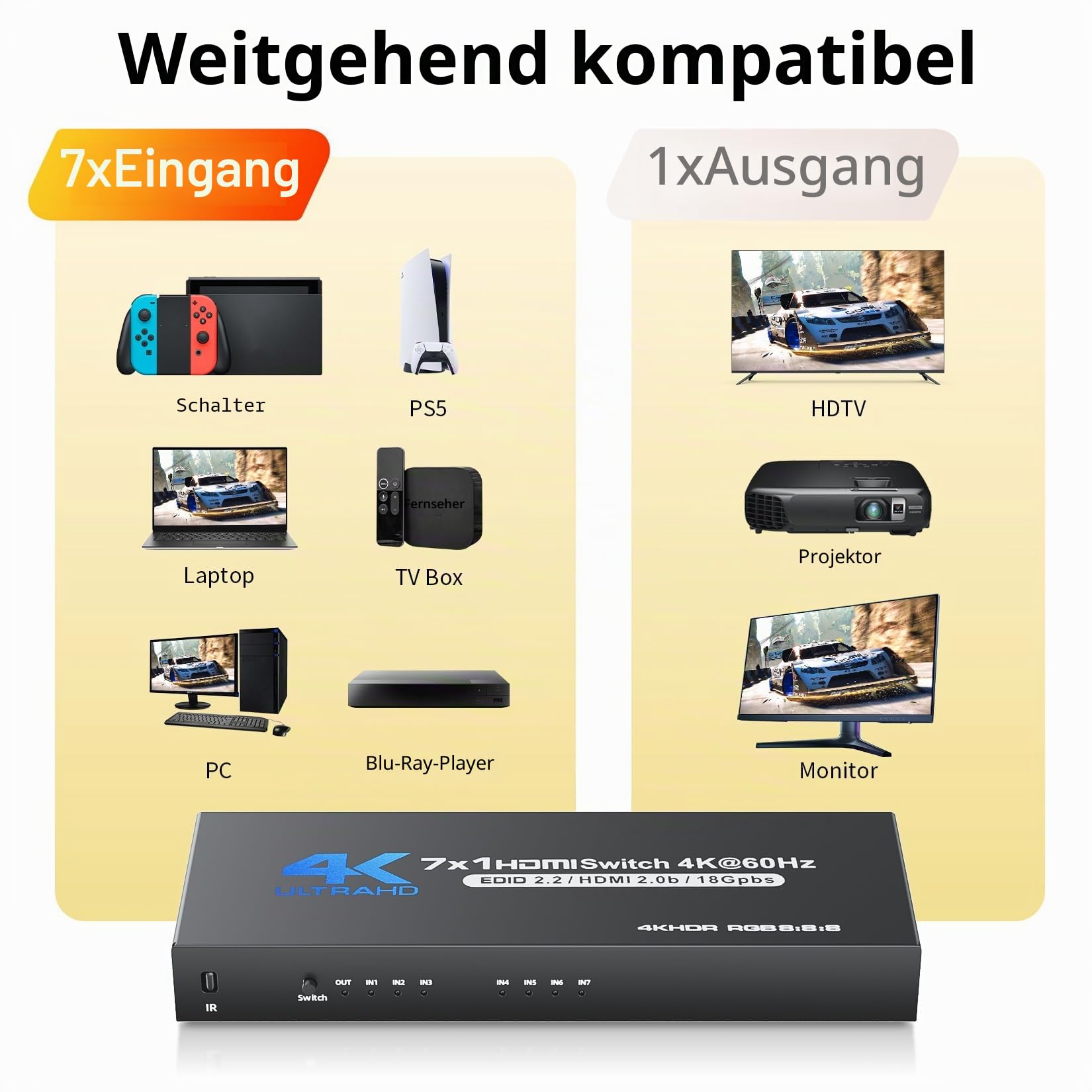 HDMI 2.0 Switch 7 In 1 Out, BolAAzuL 4K@60Hz HDMI zu HDMI-Port Erweiterer Switch HDR HDMI 2.0 Switcher Fernbedienung unterstützt 3D, HDCP2.2, HDR für PS5, Xbox-Serie X, HDTV, PC