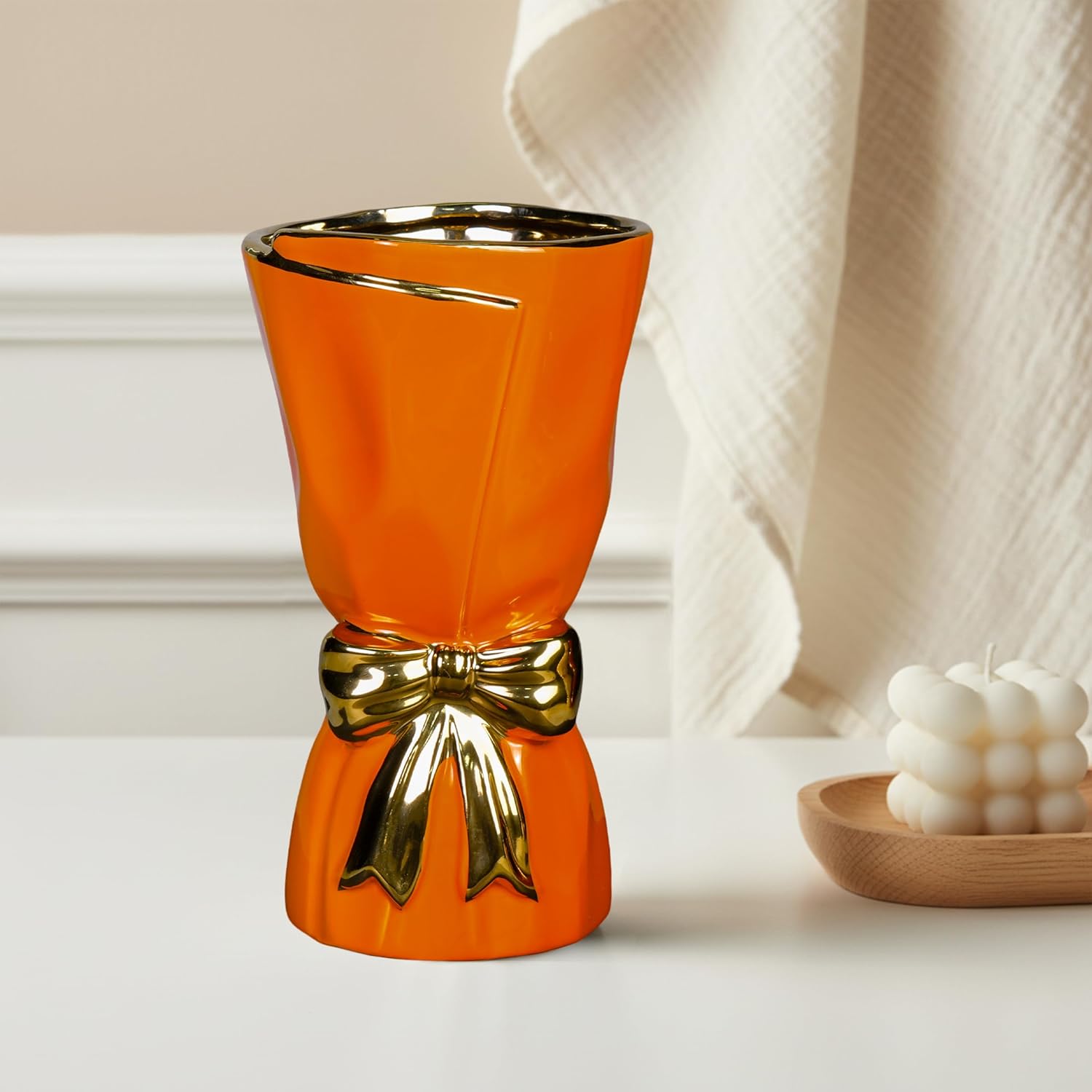 Orange Ceramic Vase for Pampas Grass, Bow Modern Vases Home Decor, 10 Inch Centerpiece Vase for Dining Table, Autumn, Kitchen Decor, Fireplace, Bathroom Decorations