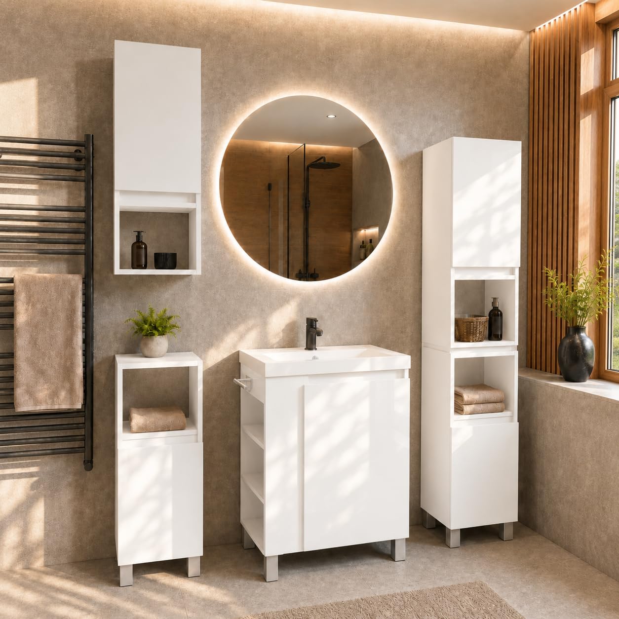Badezimmerschrank Stehend Ariza, Hochglanz Weiß, MDF 18 mm, Soft-Close Türen, 6 Regale, 161 x 28 x 25 cm, Midischrank, Gäste WC & Bad für Kosmetik, Hängend, Links rechts