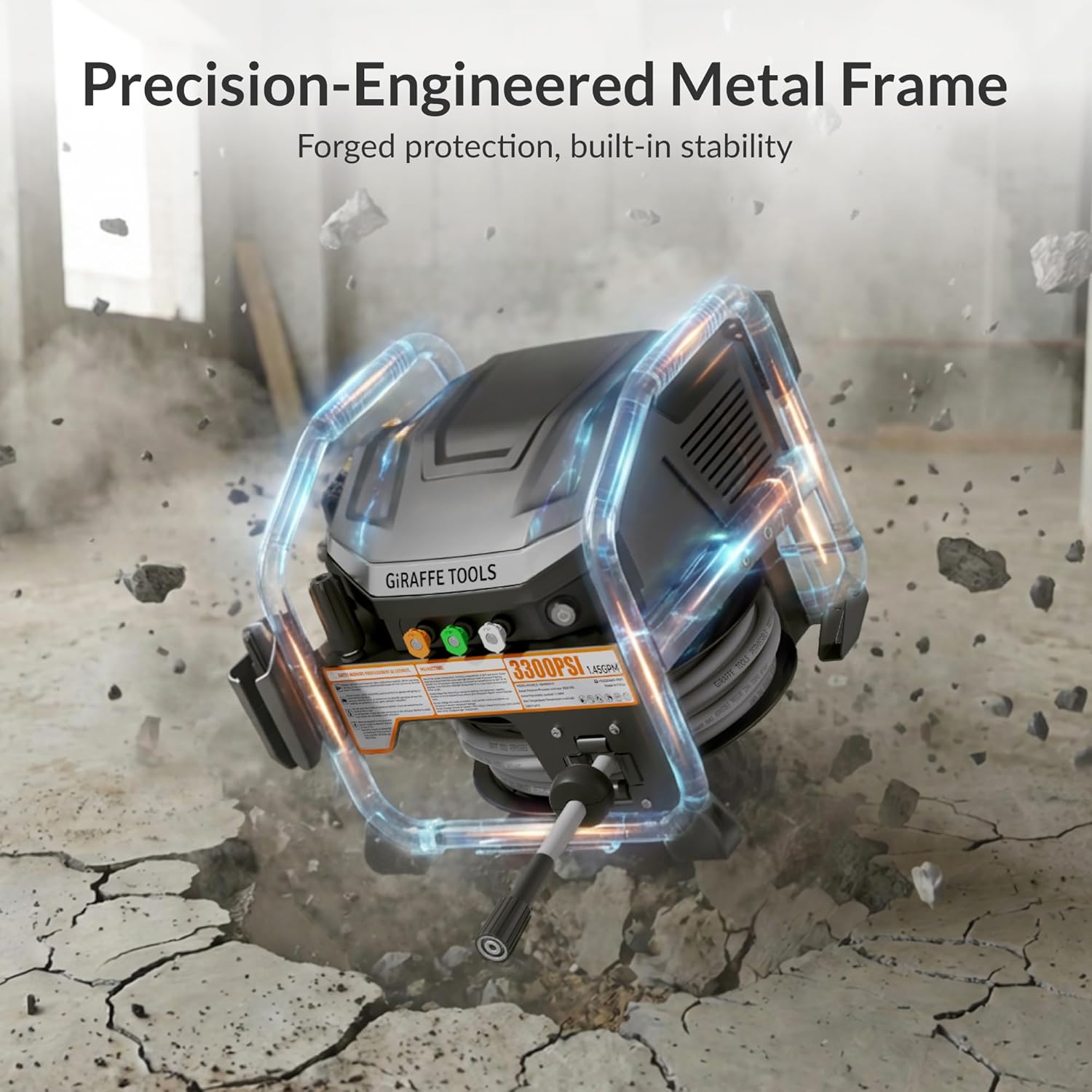 Giraffe Tools Crossfalls Retractable Pressure Washer Max, 3300PSI, 1.45GPM, 1800W Induction Motor, Wall Mounted Electric Power Washer with 50ft Pressure Hose, 4-Nozzles, Foam Cannon, Automatic Rewind