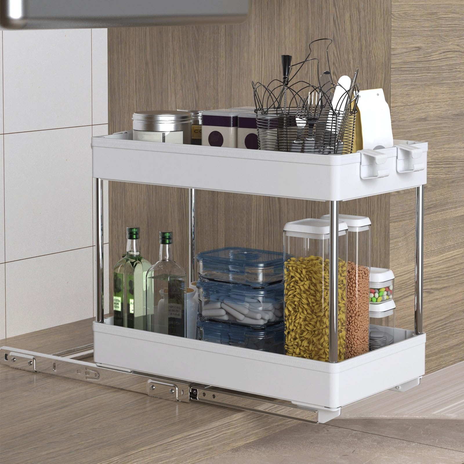 Estante para fregadero de cocina, organizador para debajo del fregadero, cesta con riel deslizante, estante de almacenamiento de metal blanco, ideal para encimera, despensa, escritorio, organizador