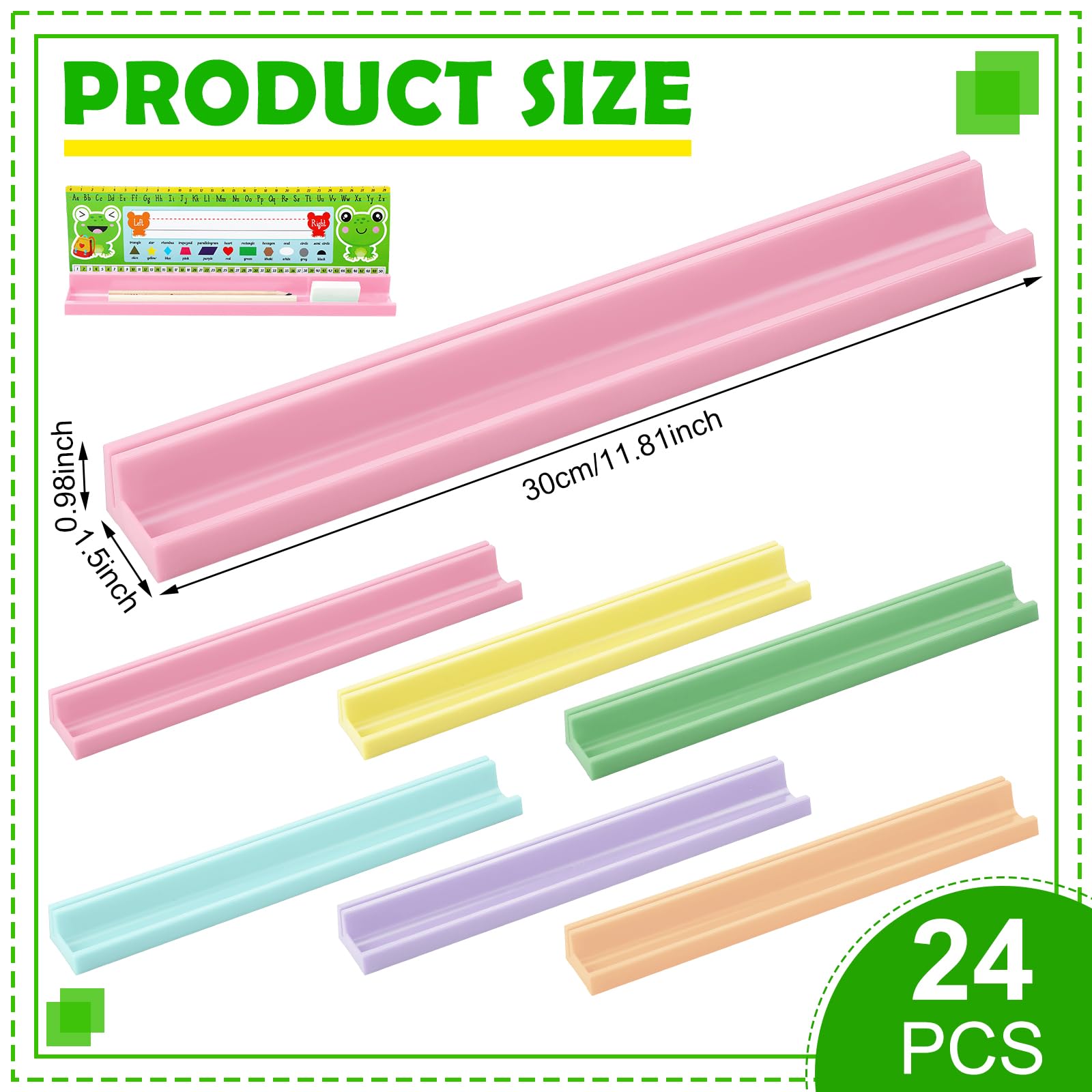Jetec 24 soportes para placa de nombre de 1.5 x 12 x 1 pulgadas, soporte adhesivo y extraíble para placa de identificación con soporte para bolígrafo y adhesivo trasero para exhibición de escritorio
