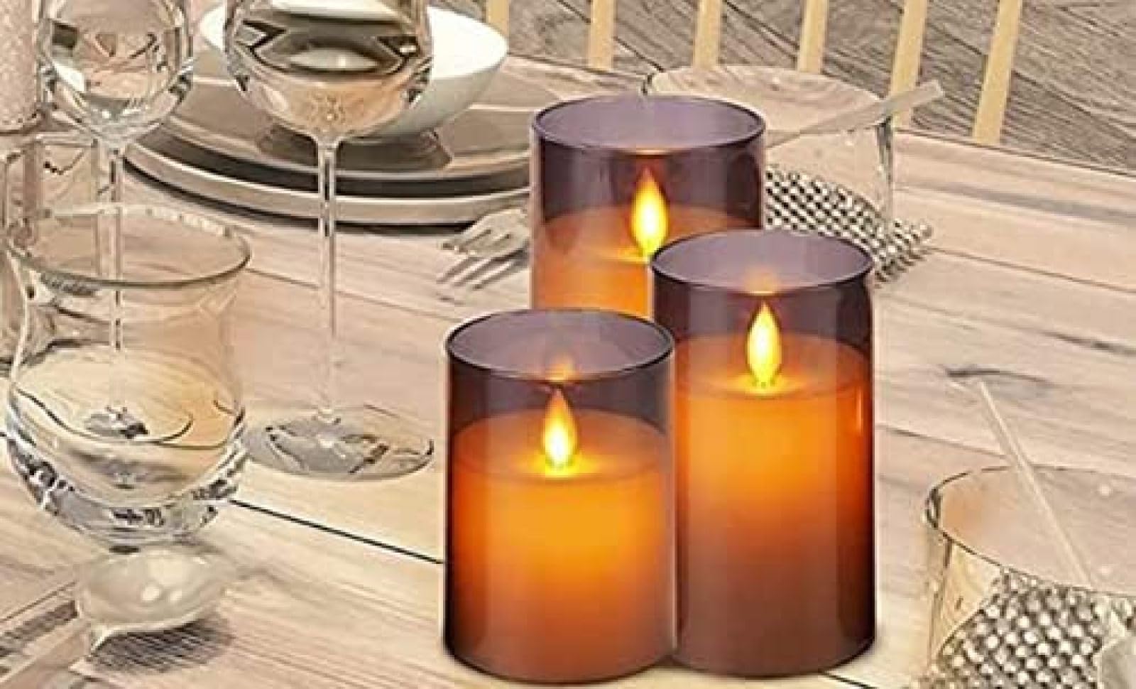 Szklane Świece LED Z Pilotem I Timerem, Świeczki LED Tea Light Na Świąteczne Przyjęcie Weselne, Opakowanie 3 Szt.,Szary,Pleasant63