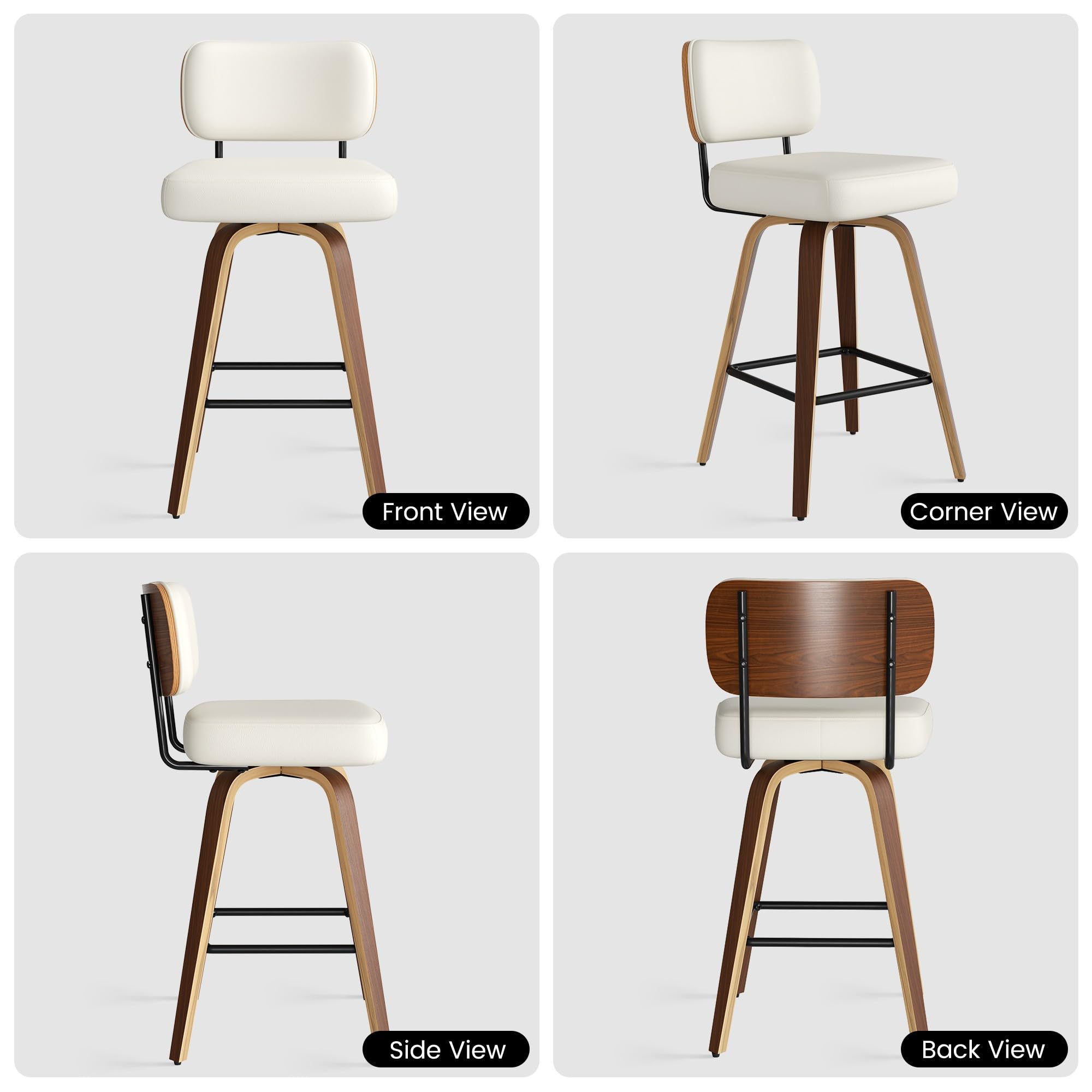 360°Drehbarer Barhocker 2er Set, PU Barhocker 65cm Sitzhöhe mit Holzbeinen, Mid-Century-Design Bar hocker mit 4 Beinen und Lehne, Barstühle Küchenhocker für Küche und Bar,Weiß