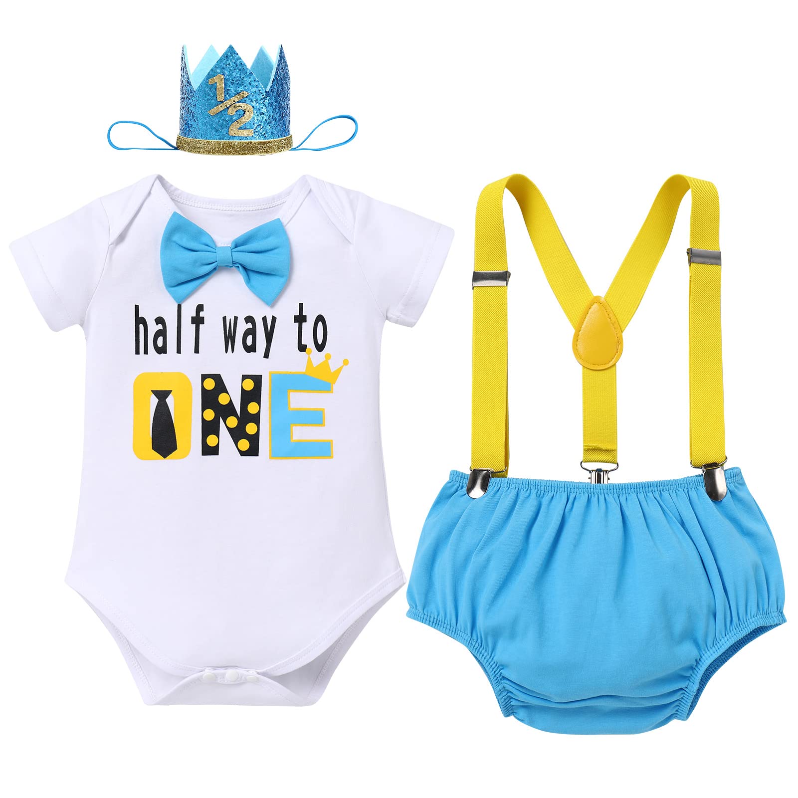 FYMNSI Baby Boy Half/First Birthday Cake Smash Outfit Romper + Shorts + Suspenders + Headwear 4pcs