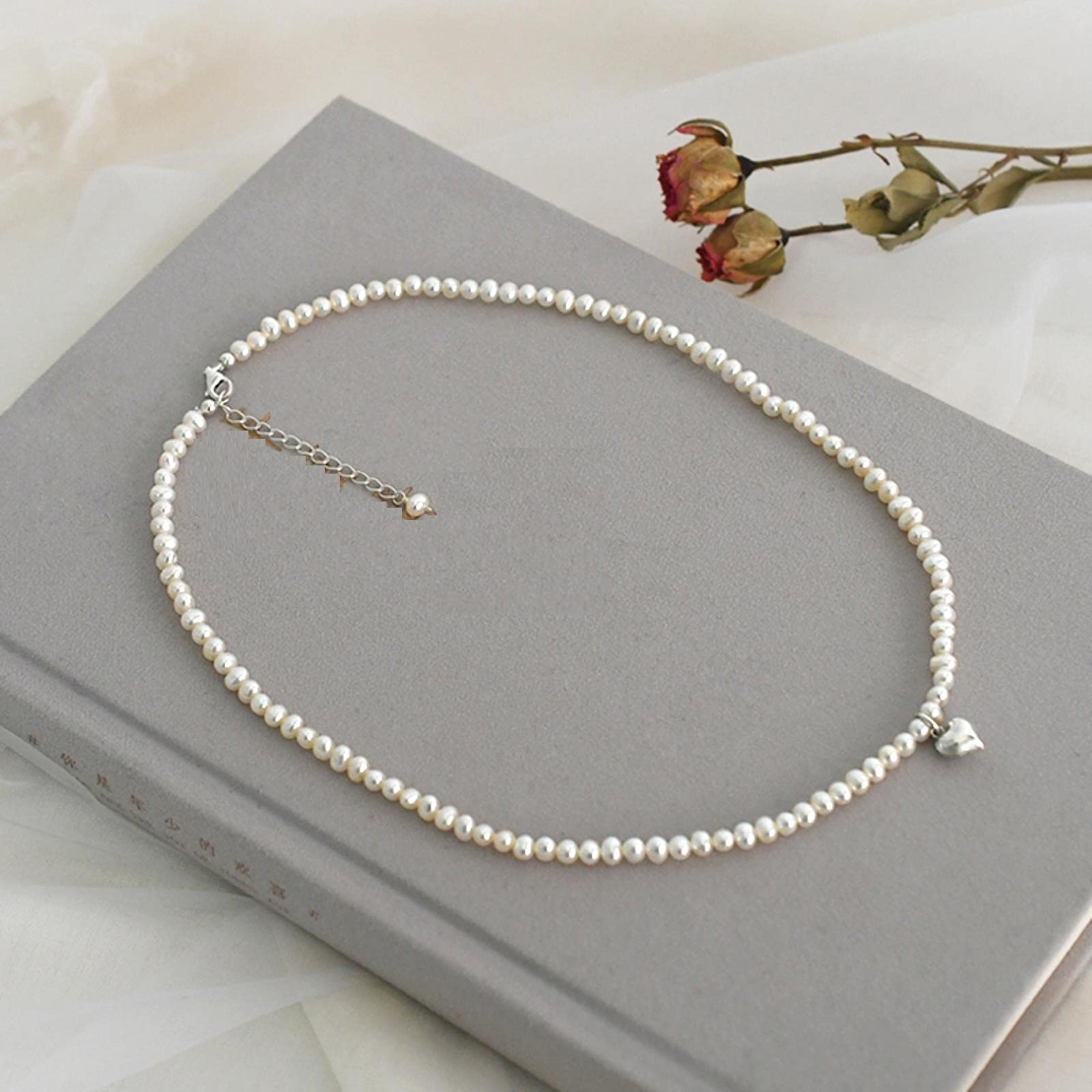 LOKILOKI Collar De Corazón De Plata De Ley 925 con Perlas De Agua Dulce Natural para Mujer, Regalo, Joyería Clásica