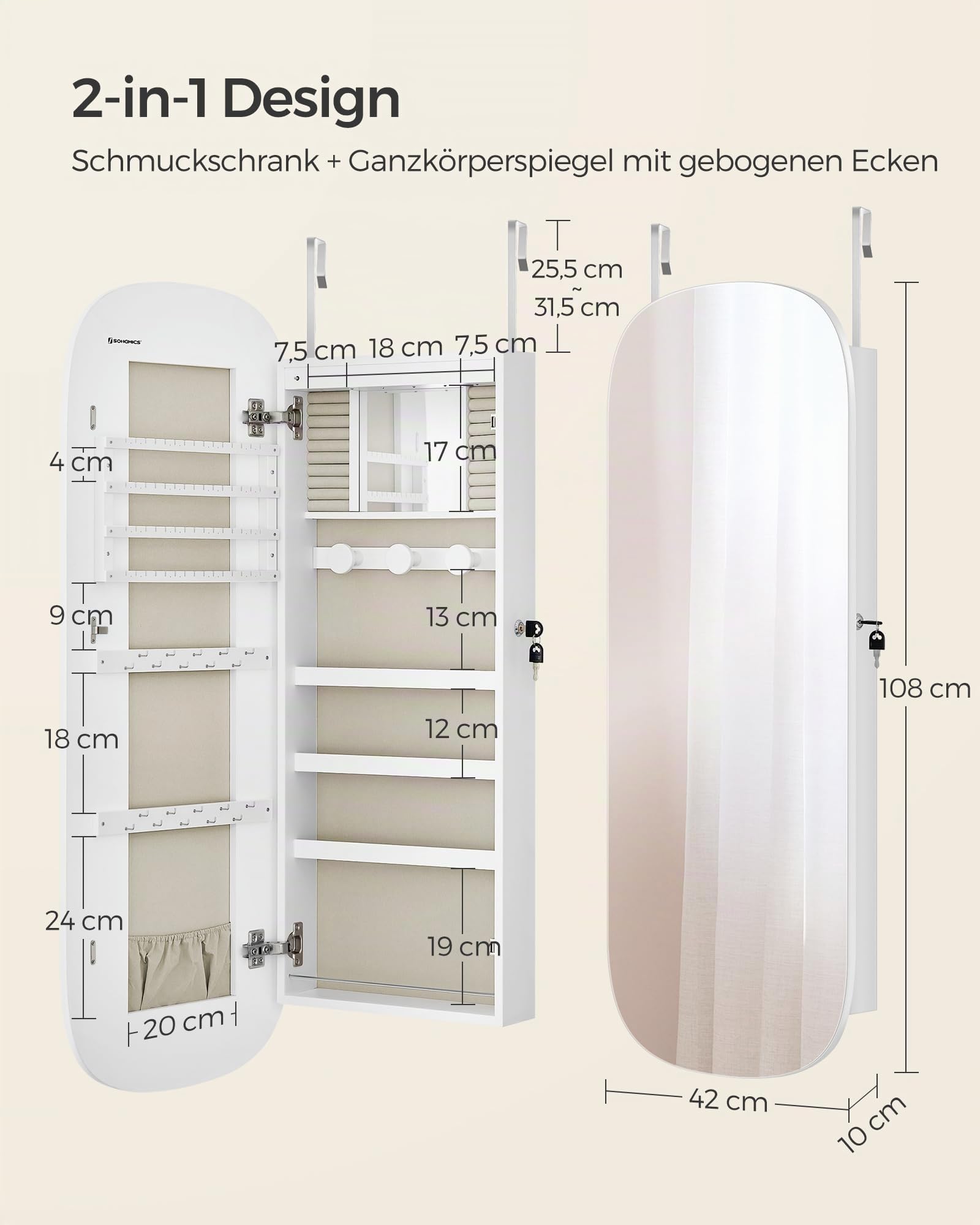 SONGMICS Schmuckschrank, Spiegelschrank, Schmuck-Organizer mit LED-Beleuchtung, abschließbar, Wandschrank mit Spiegel, für Ohrring, Halskette, Oberfläche in Weiß, Innenfutter in Greige JJC026W01