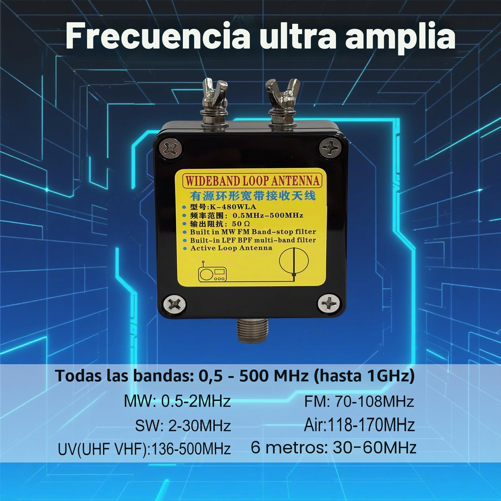 K-480WLA - Antena portátil de onda corta activa de radio de 0,5 MHz-500 MHz, antena de radio de banda completa LW/MW/SW/FM/VHF/HF/Air 6 metros 30dBi SDR Ham Antena de radio con batería de 1800 mAh