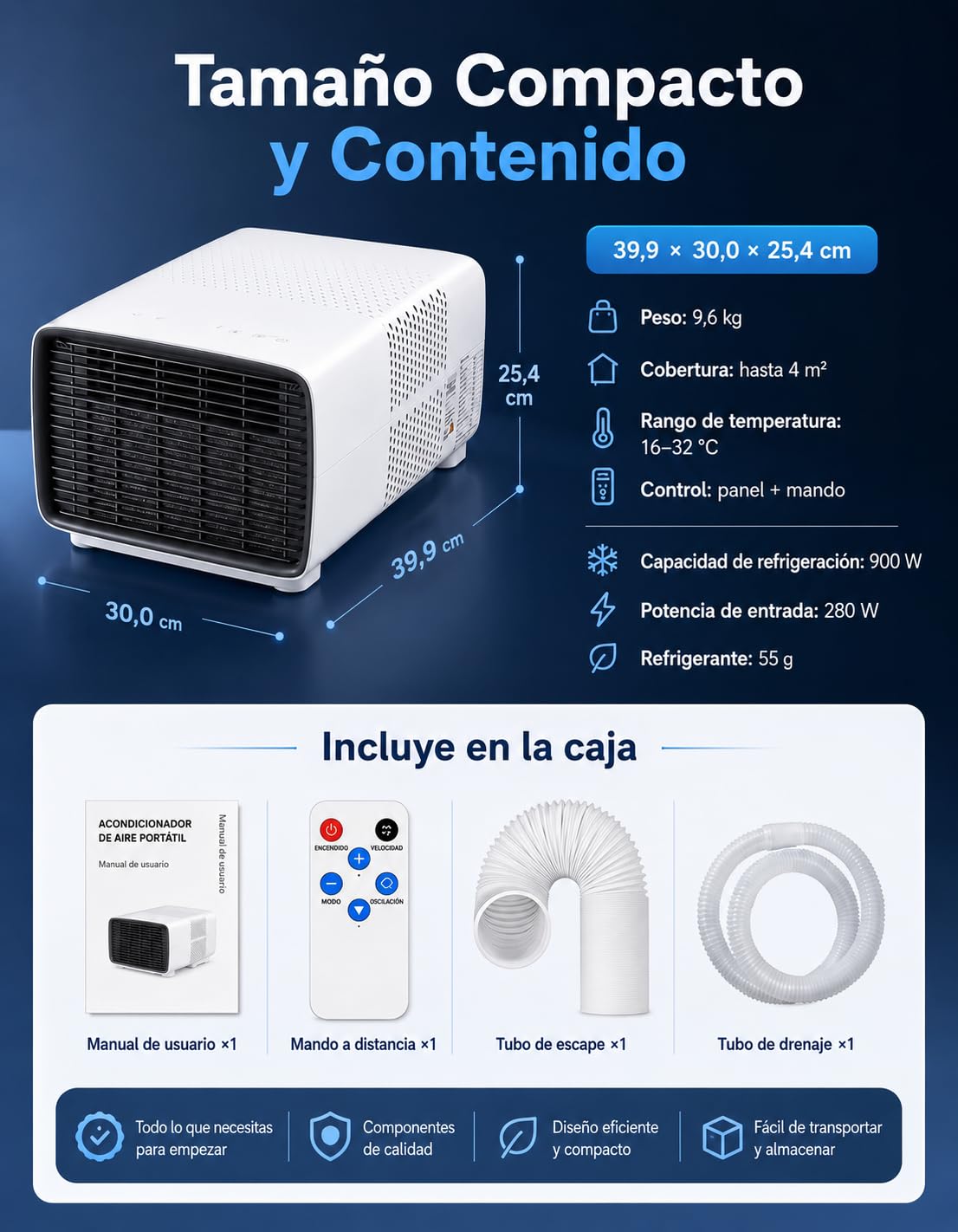 Aire Acondicionado Portátil 2700 BTU 3 en 1 para Casa y Caravana | Refrigera, deshumidifica y ventila casa y caravanas; modo noche, mando a distancia, temporizador y tubo de escape